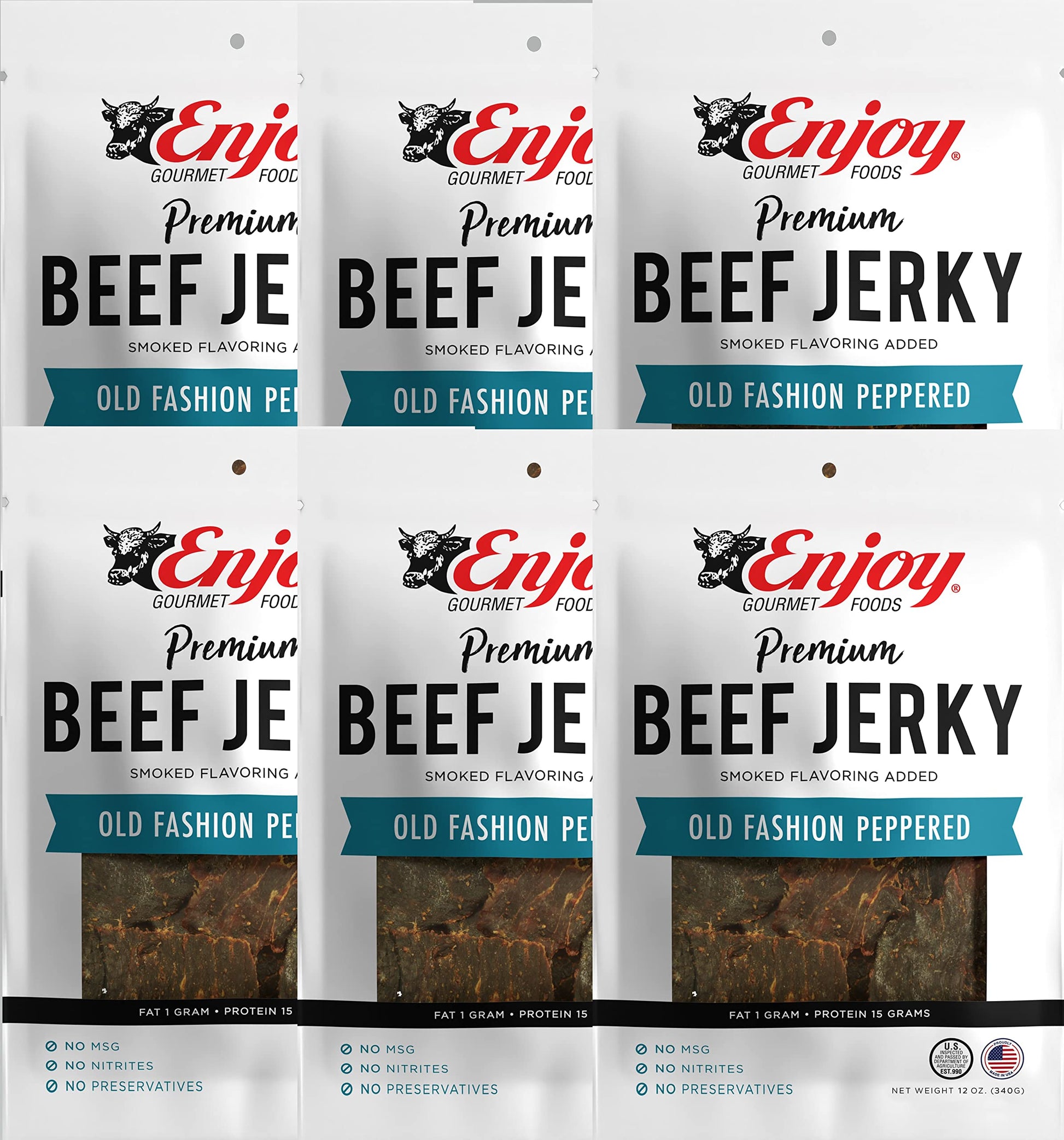 Enjoy Beef Jerky Old Fashion Peppered | 12 Oz (Pack Of 6) | Traditional Style | Usa Made | High Protein | Low Fat | Zero Trans F
