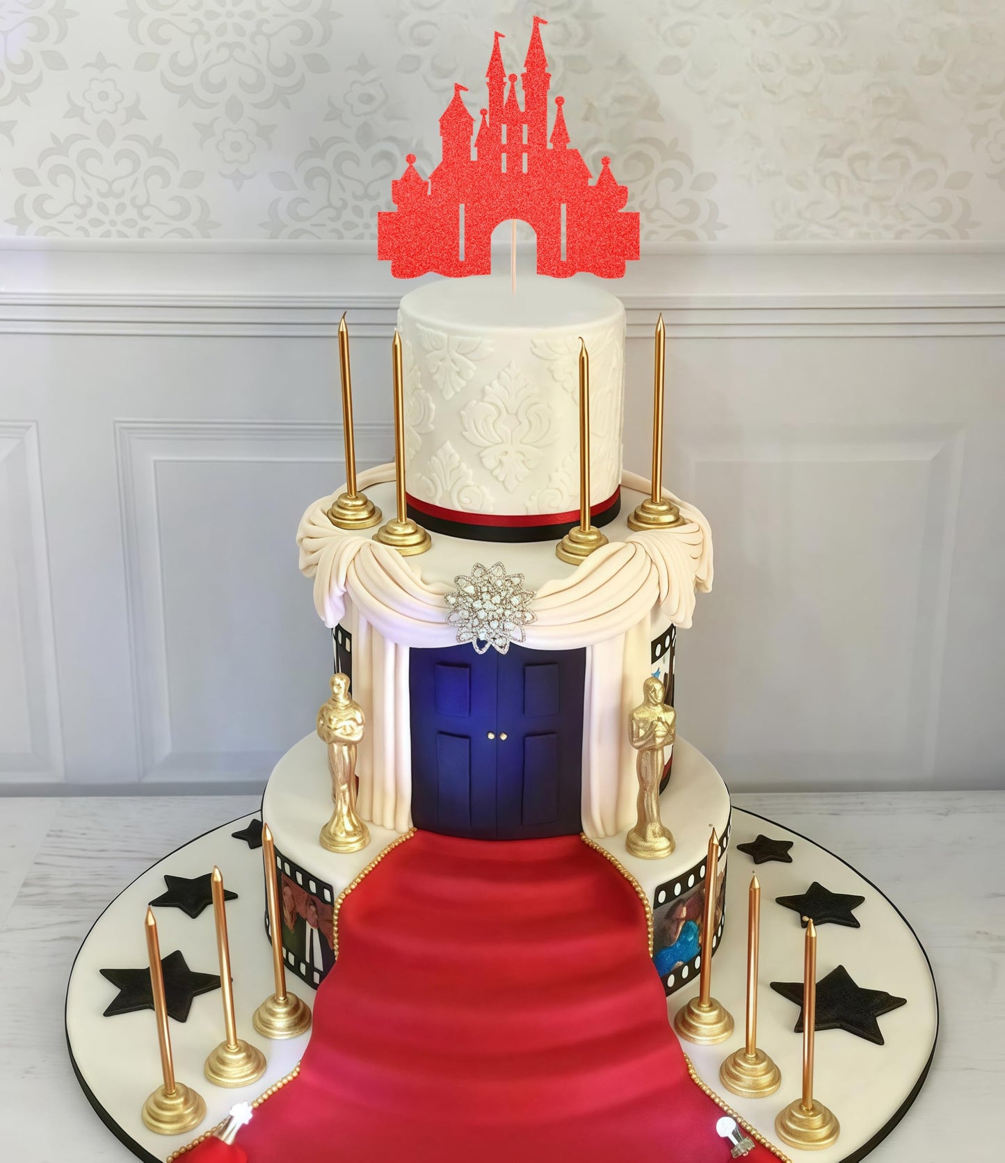 EONNCNT Castle Cake Topper - Red Glitter Cardboard Decoration for Birthday Parties and Baby Showers