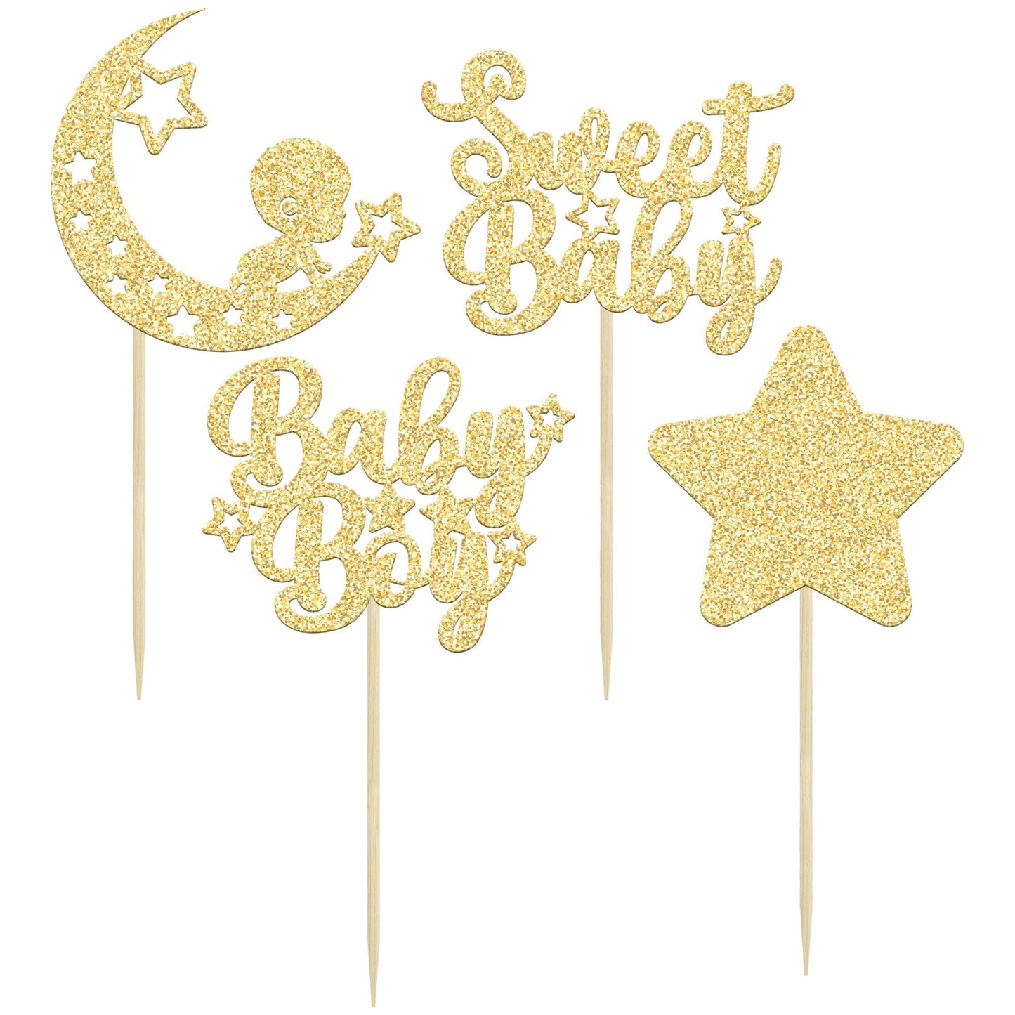 Gyufise 24Pcs Gold Baby Shower Boy Cupcake Toppers Glitter Star Moon Sweet Baby Cake Decorations Baby Boy Cupcake Picks For Baby