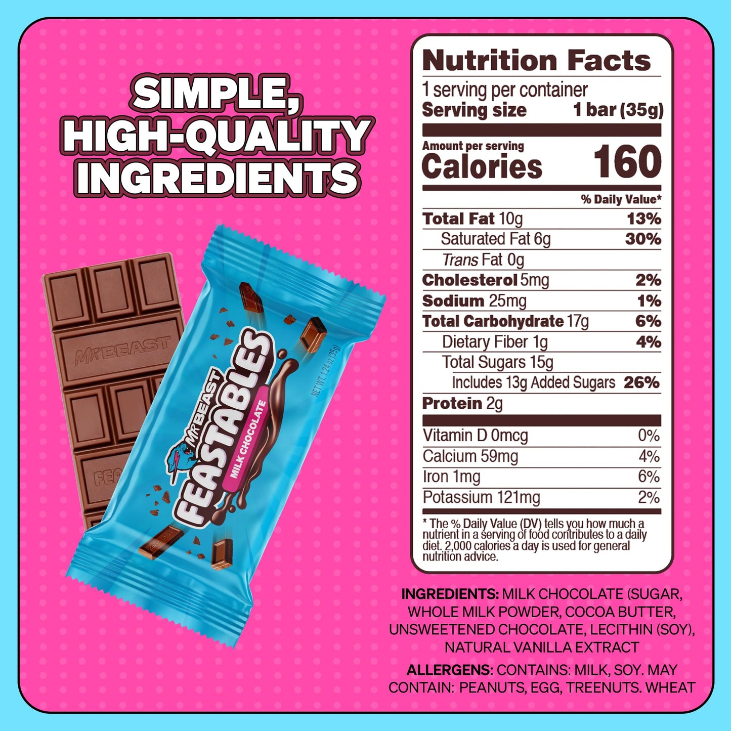 Feastables MrBeast Milk Chocolate Chocolate Bar, Full Size Bar for Adults & Kids, Candy Bars, Snacks, Gifts, or Dessert, Sweet &