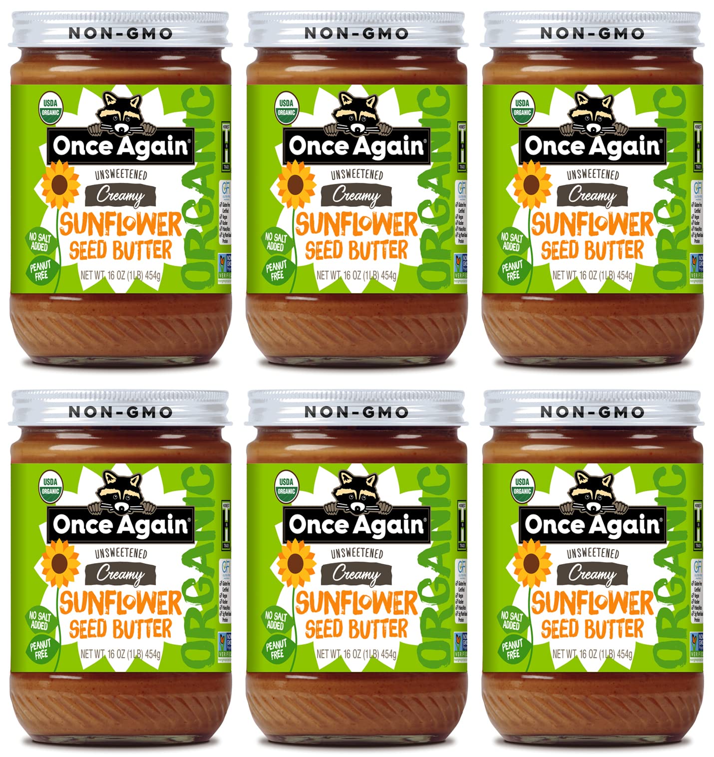 Once Again Organic Sunflower Butter, Unsweetened, Dairy & Nut Free, Vegan, 16 oz Glass Jars (6-Pack)