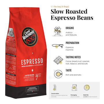 Caffe Vergnano 1882 Espresso Whole Bean Arabica Roast Coffee - Italian Medium Roast Coffee Beans With Notes Of Chocolate, Nuts &