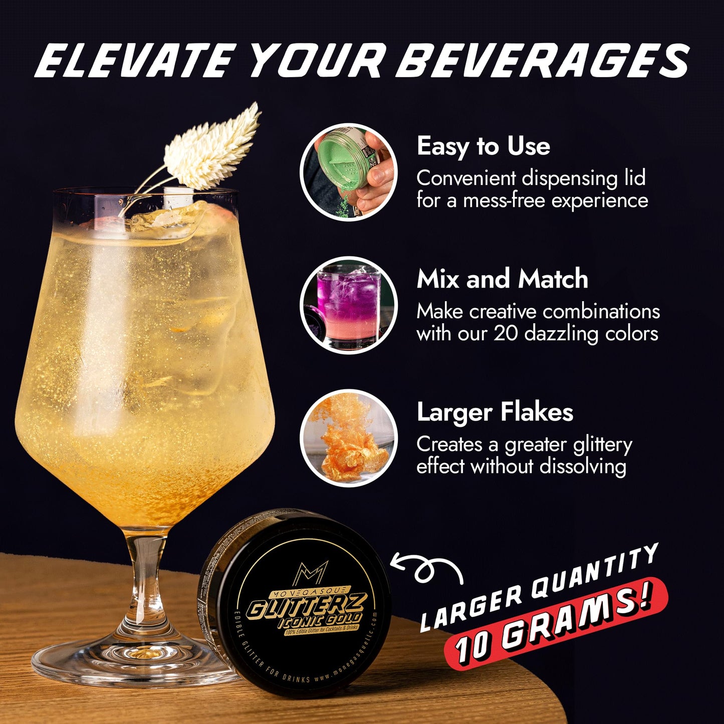 MONÉGASQUE Edible Glitter for Drinks & Cakes, 10g, Iconic Gold