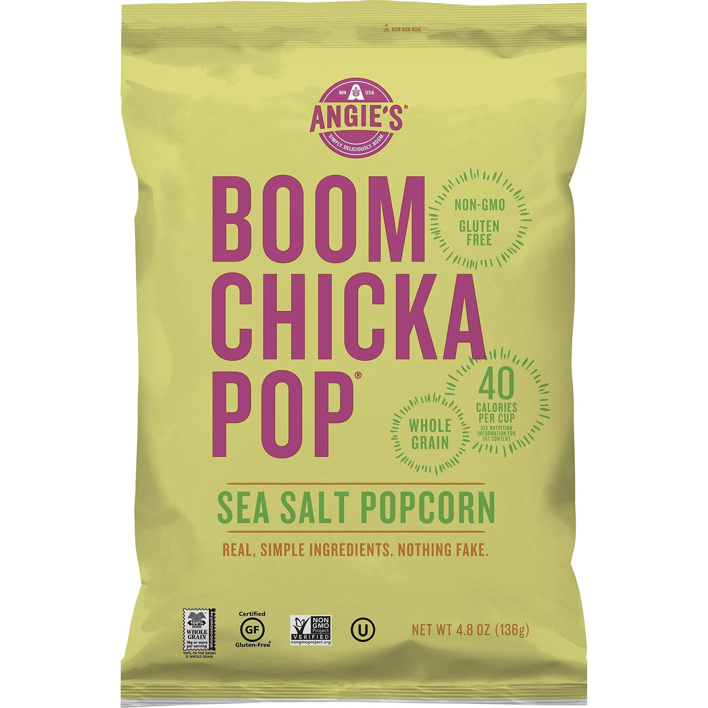 Angies BOOMCHICKAPOP Sea Salt Popcorn, 4.8 oz Bag, Pack of 12