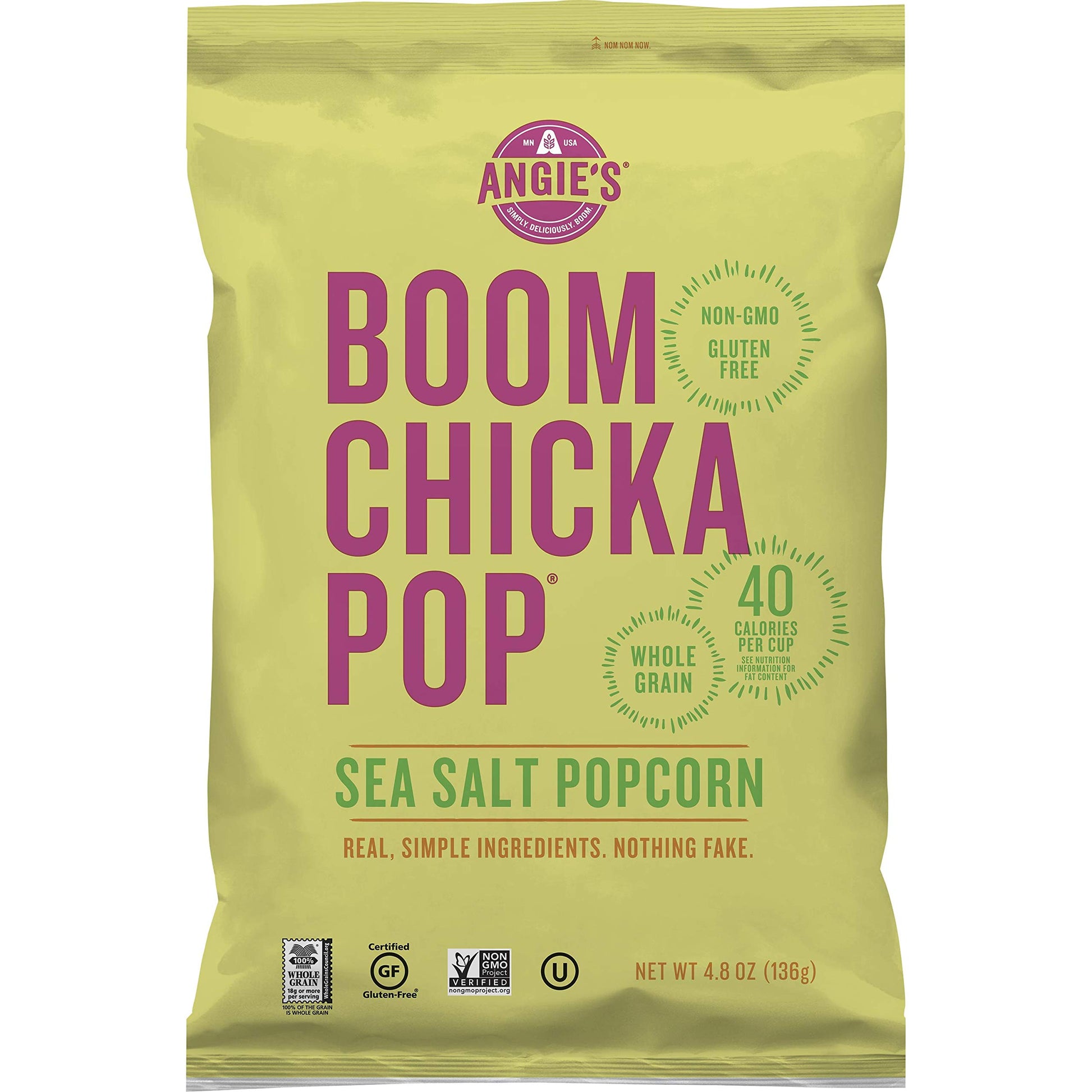 Angies BOOMCHICKAPOP Sea Salt Popcorn, 4.8 oz Bag, Pack of 12