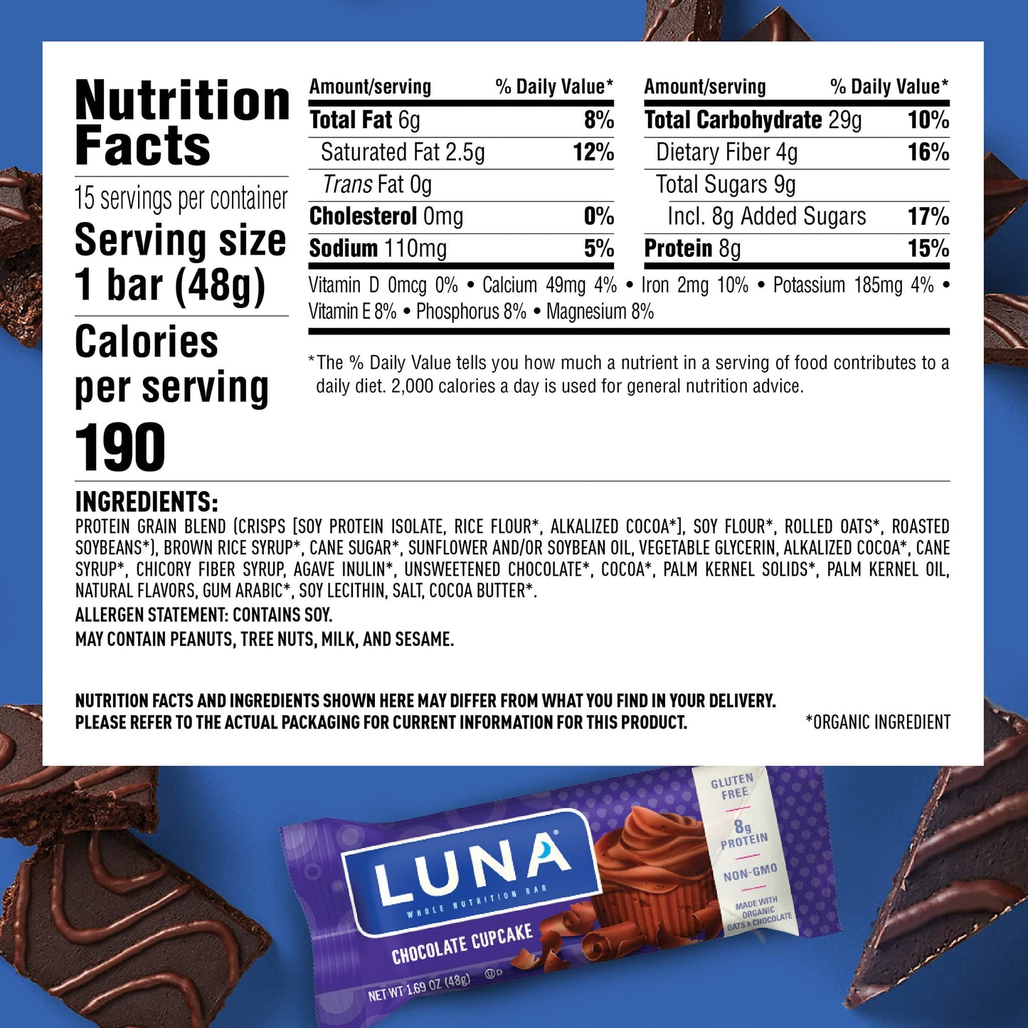 Luna Bar - Gluten Free Snack Bars - Chocolate Cupcake -8G Of Protein - Non-Gmo - Plant-Based Wholesome Snacking - On The Go Snac