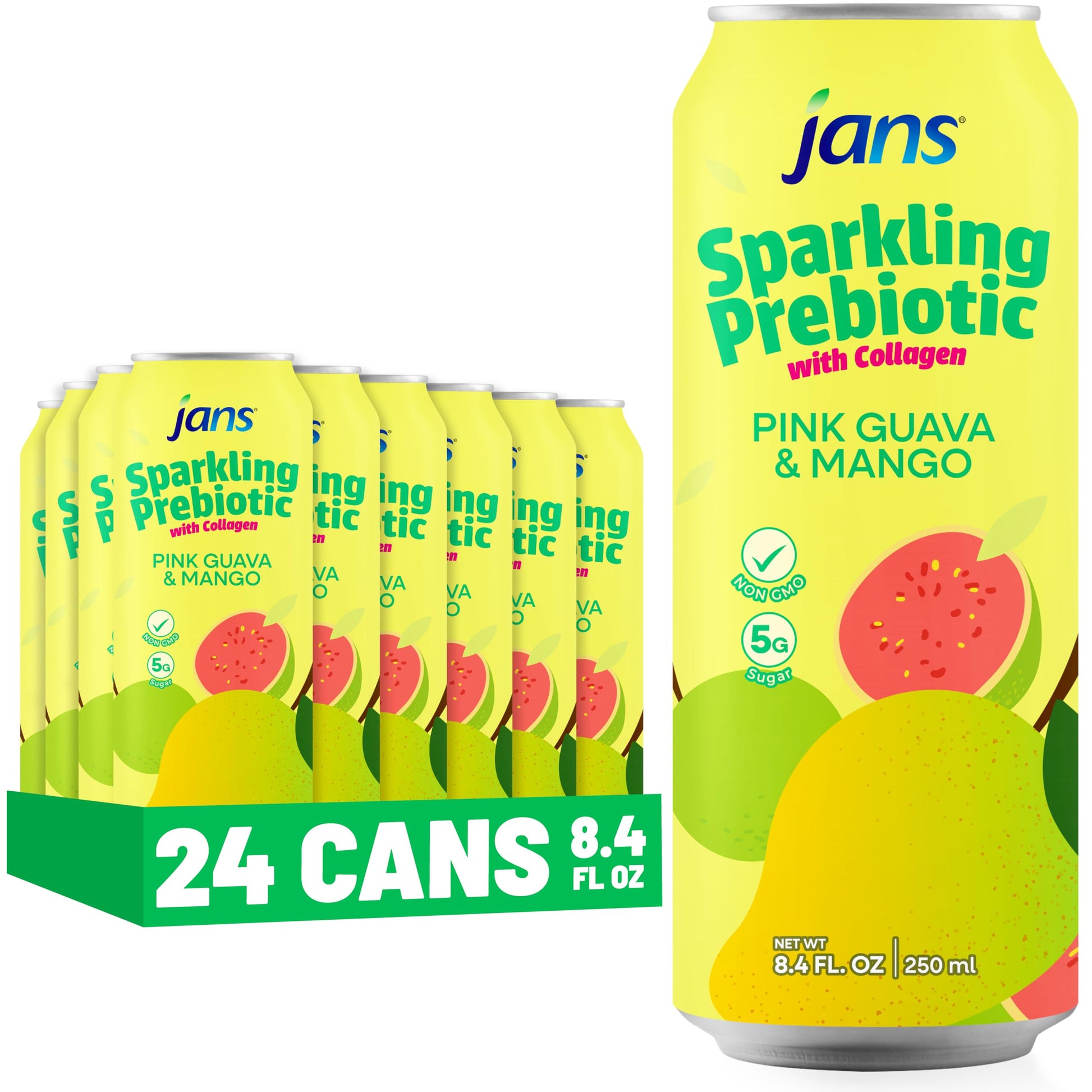 Jans Sparkling Prebiotic with Collagen Soda Beverage - Pink Guava & Mango 8.4 Fl Oz (24-Pack) - Low Calorie, NO Added Sugar, Non