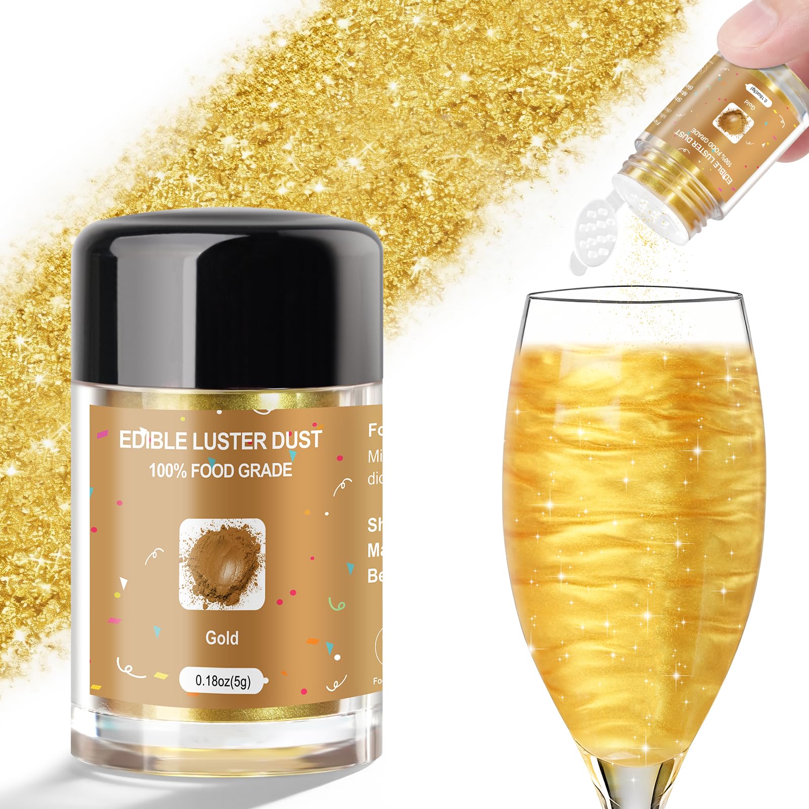 CRPTHE Gold Luster Dust Edible 5g, Edible Glitter for Drinks, Food Grade Glitter Shimmer Sprinkle Powder for Cocktails, Baking, 