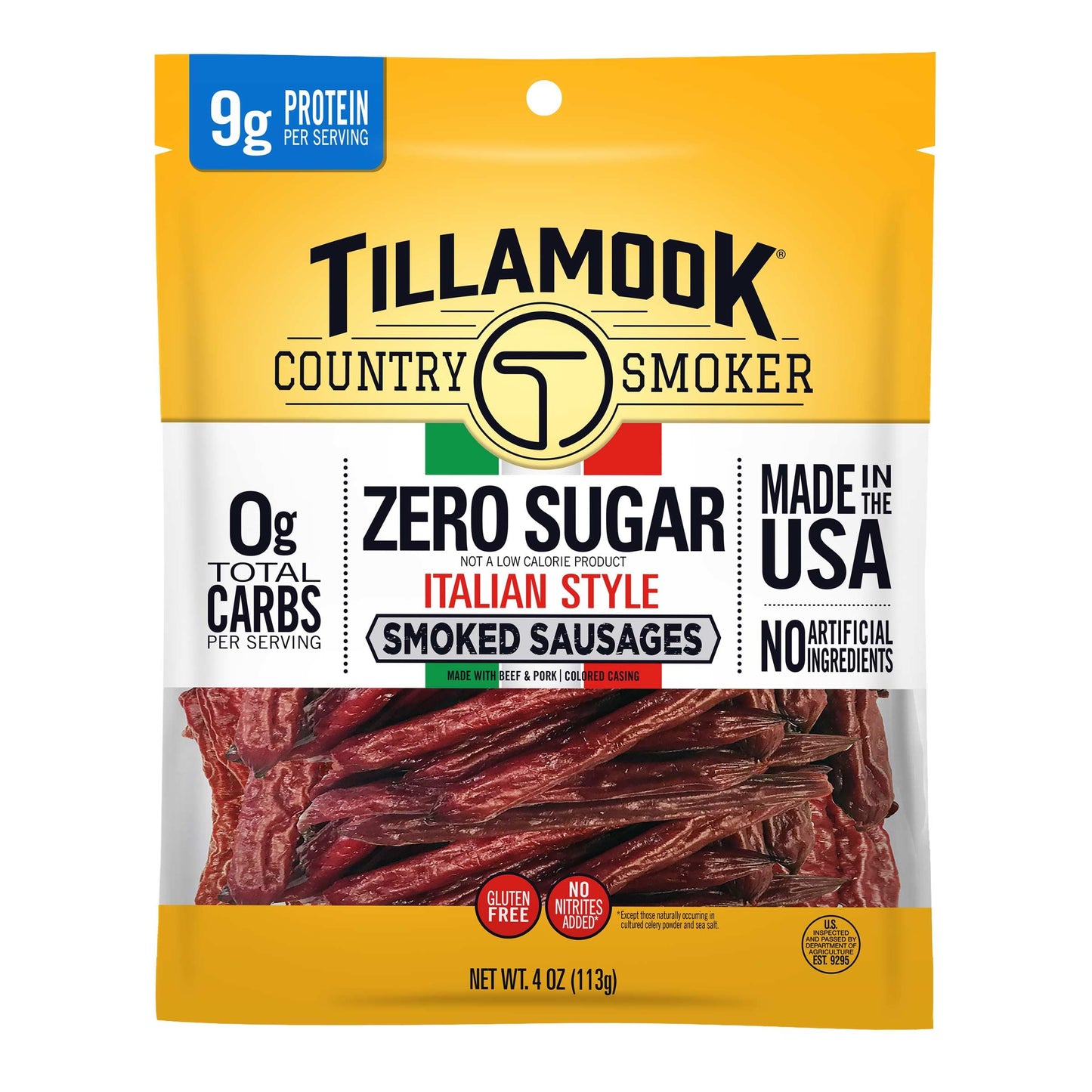 TILLAMOOK COUNTRY SMOKER Smoked Sausage, Zero Sugar, Italian Style, 4 Ounce (1 Pack), Low Carb, High Protein Keto Snack