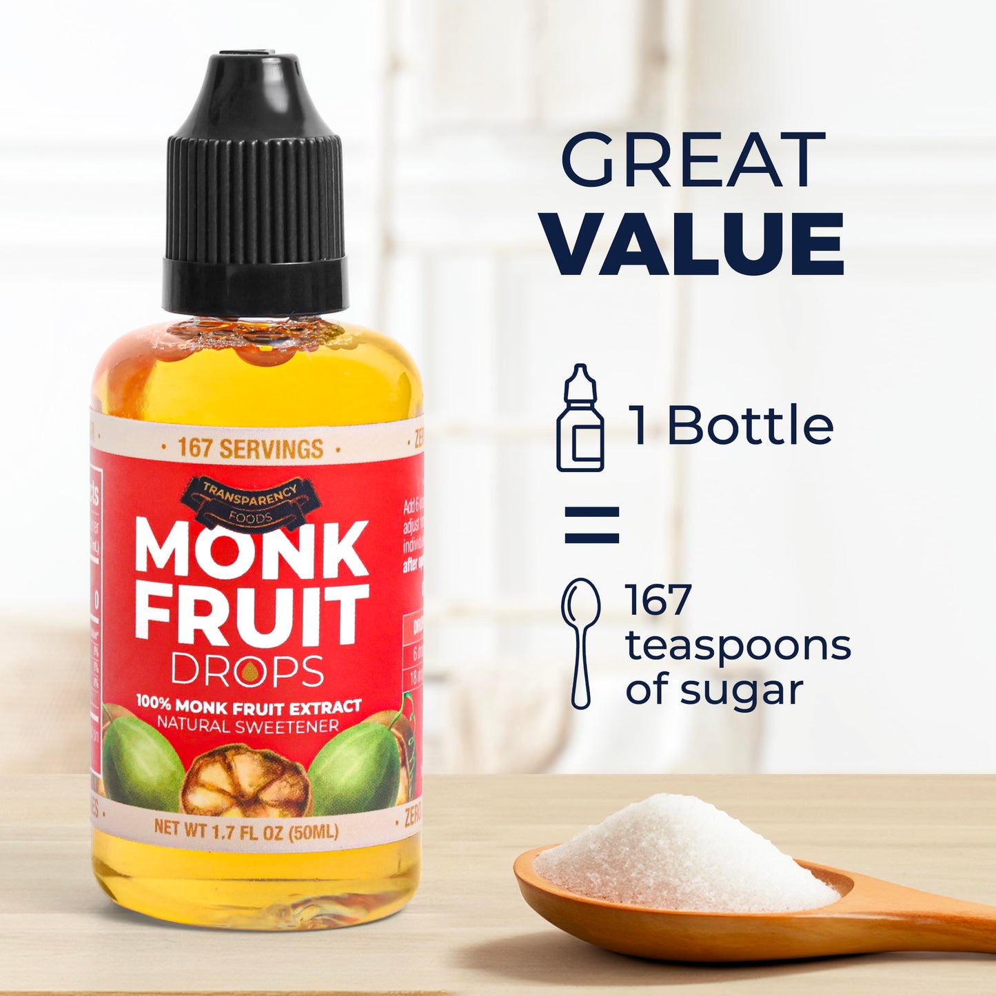 Transparency Foods Monk Fruit Extract Liquid Sweetener, Zero Calories, Non-GMO, 1.7 Fl Oz, 167 Servings