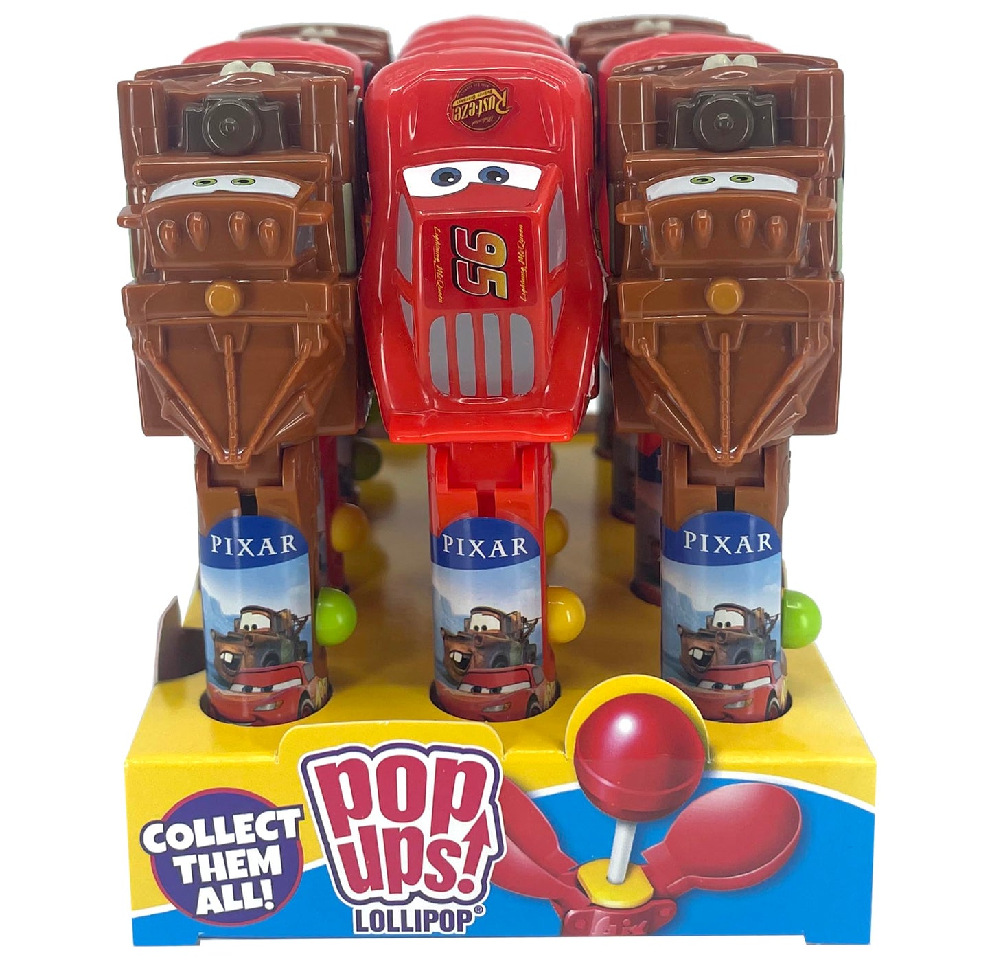 POPUPS! LOLLIPOP Cars Lollipop Holders - 12 Individually Wrapped Chupa Chups Lollipops - Mater & Lightning McQueen Party Favors