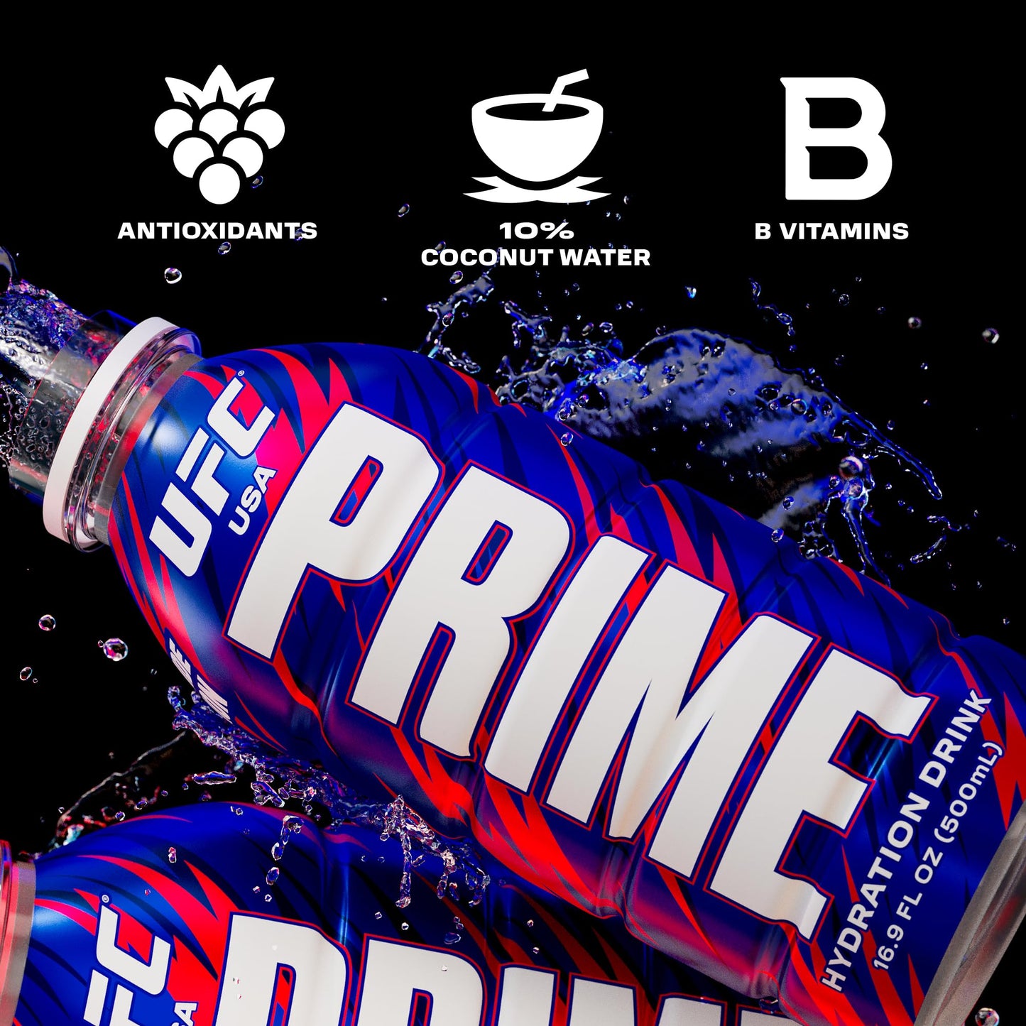 PRIME Hydration UFC  Sports Drinks  Electrolyte Enhanced for Replenishing Fluids  250mg BCAAs  B Vitamins  Antioxidants  Low Sugar  16.9 Fl Oz  12 Pack