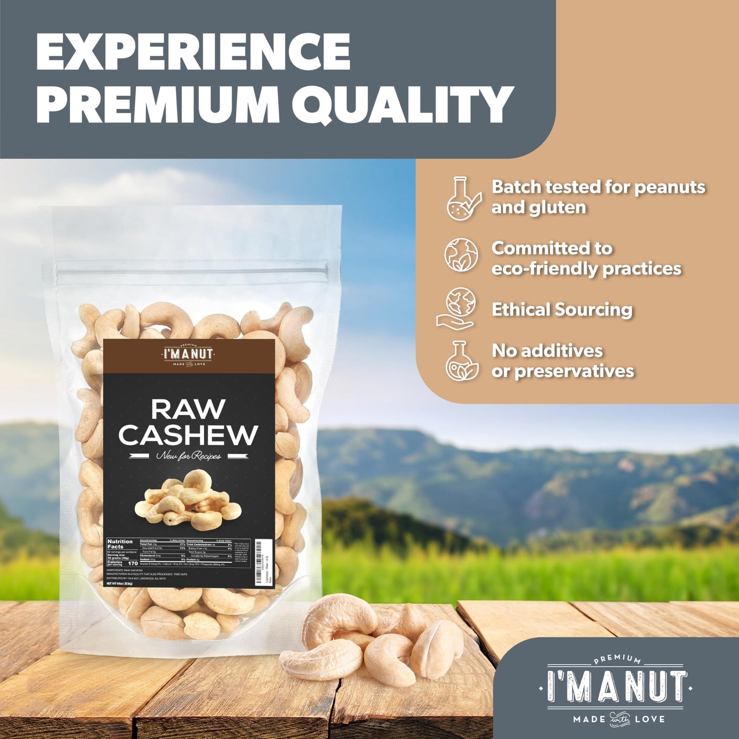 Premium Raw Cashews 64Oz (4 Lbs.) Non-Gmo, No Additives Batch Tested Gluten & Peanut Free, Resealable Pouch For Freshness, Unsal