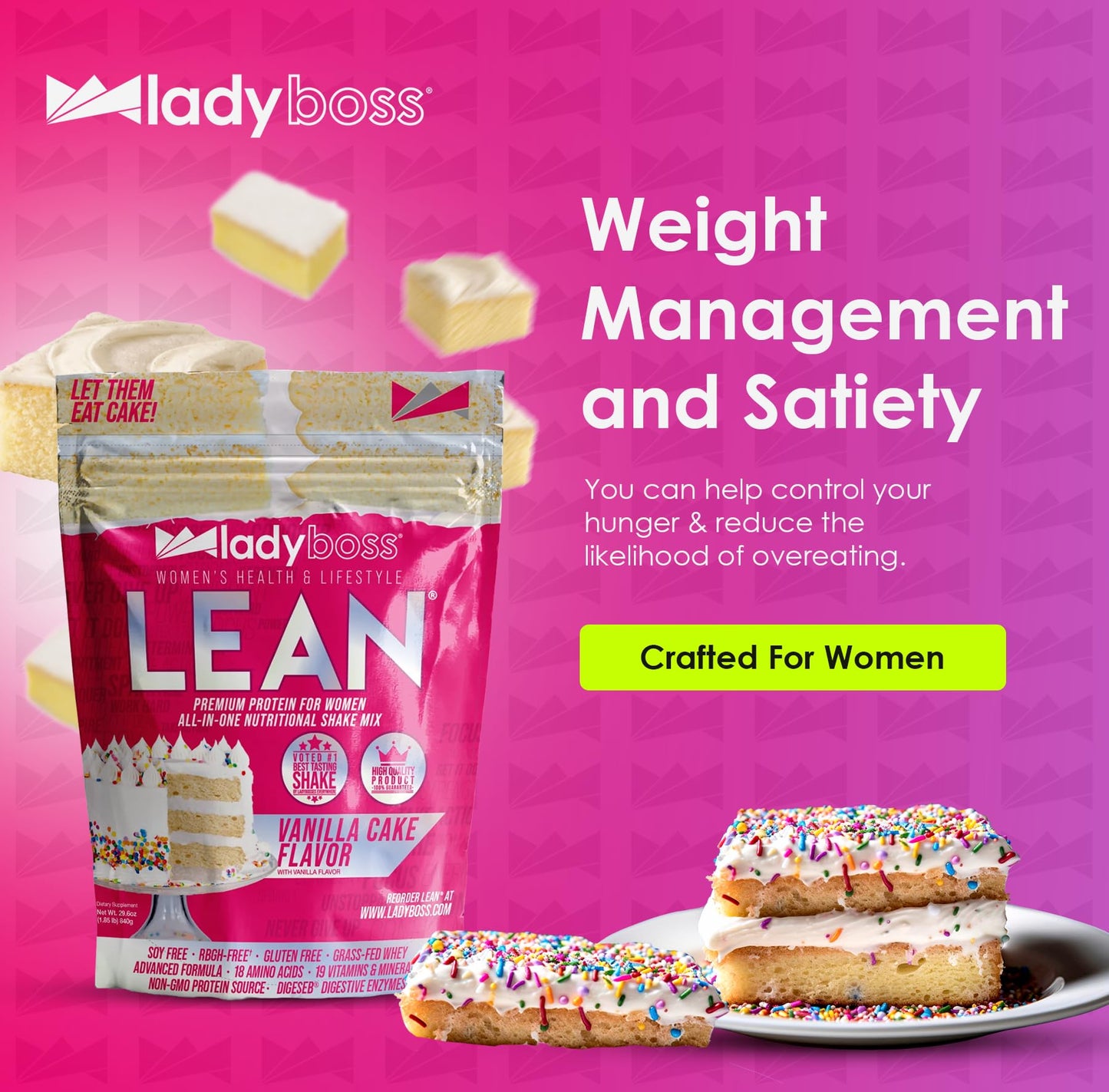 LadyBoss Lean Protein Shake - Vanilla Cake Flavor, Meal Replacement with 18 Nutrients, 31 oz, 30 Servings