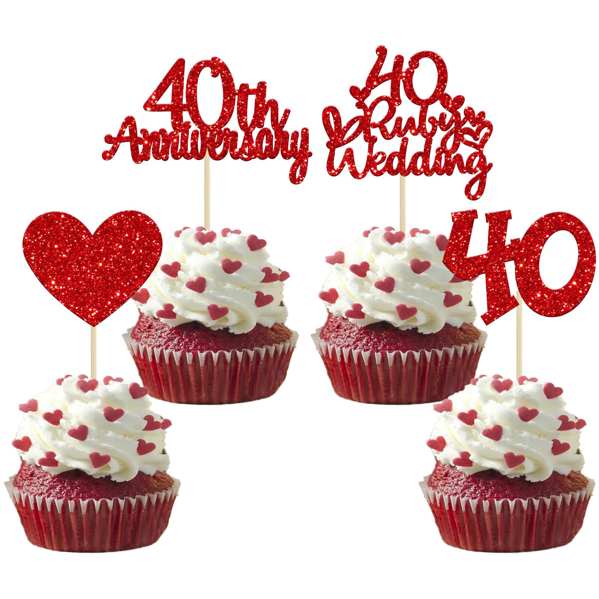 Gyufise 24Pcs 40Th Anniversary Cupcake Toppers Heart Cake Toppers Ruby Wedding Anniversary Heart Cake Decoration For 40 Years An