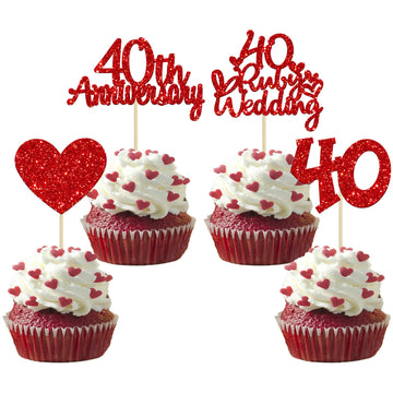 Gyufise 24Pcs 40Th Anniversary Cupcake Toppers Heart Cake Toppers Ruby Wedding Anniversary Heart Cake Decoration For 40 Years An