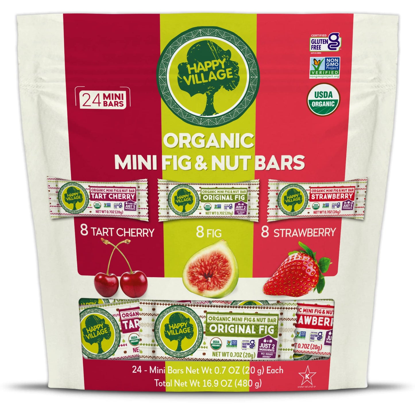 Happy Village Organic Mini Fig & Nut Bars, Variety (24 Packs, 0.7 Oz Each), No Refined Sugar, Kosher, Non-Gmo, Gluten Free, Vega