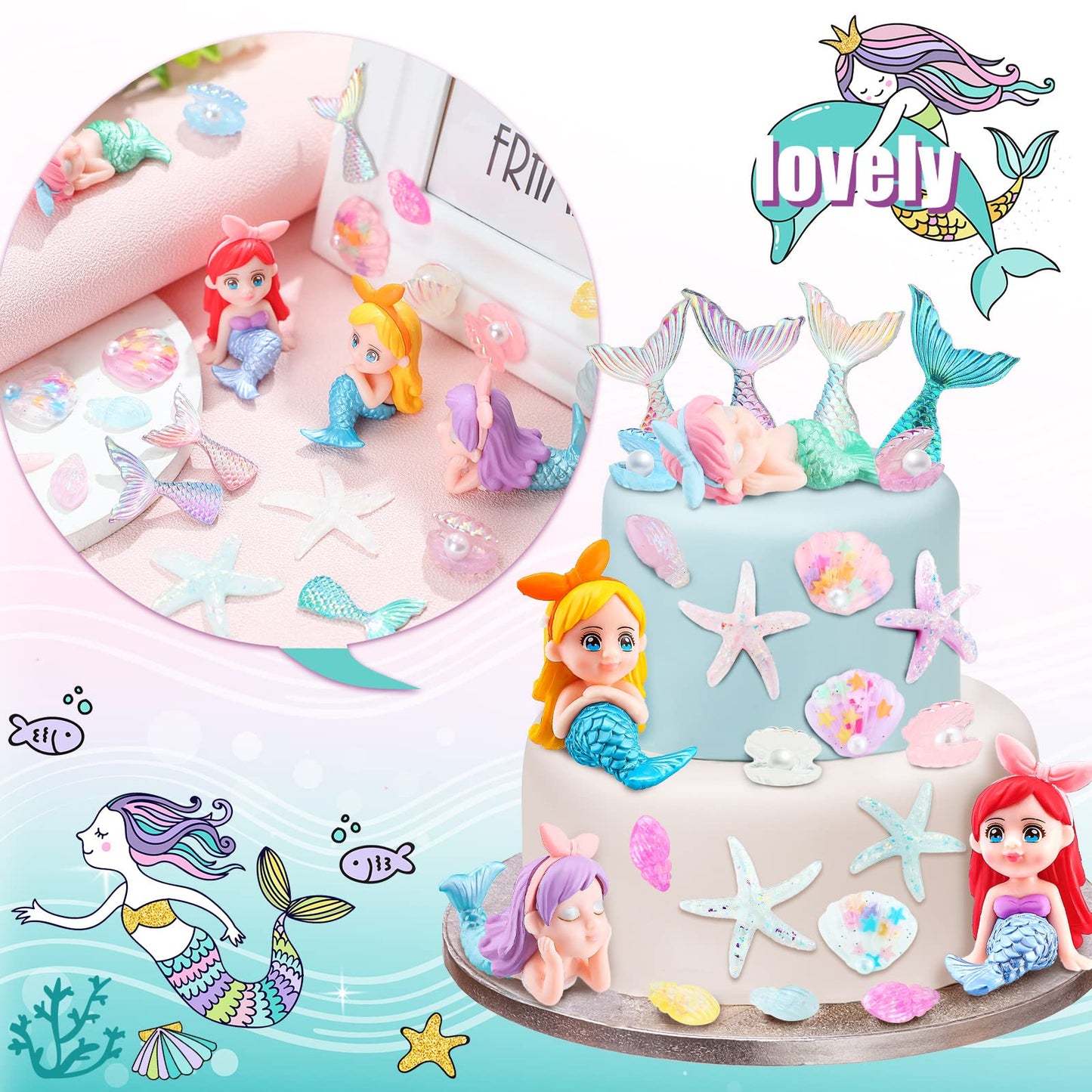 24 Pcs Mermaid Tail Cake Topper Star Conch Cake Cupcake Toppers Sea Creatures Beach Cake Decorations Pastel Under The Sea Cake D