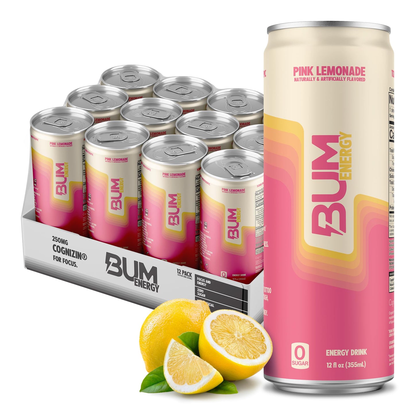 Bum Energy Sugar-Free Energy Drink, Pink Lemonade, Lightly Carbonated, 12 oz, Pack of 12