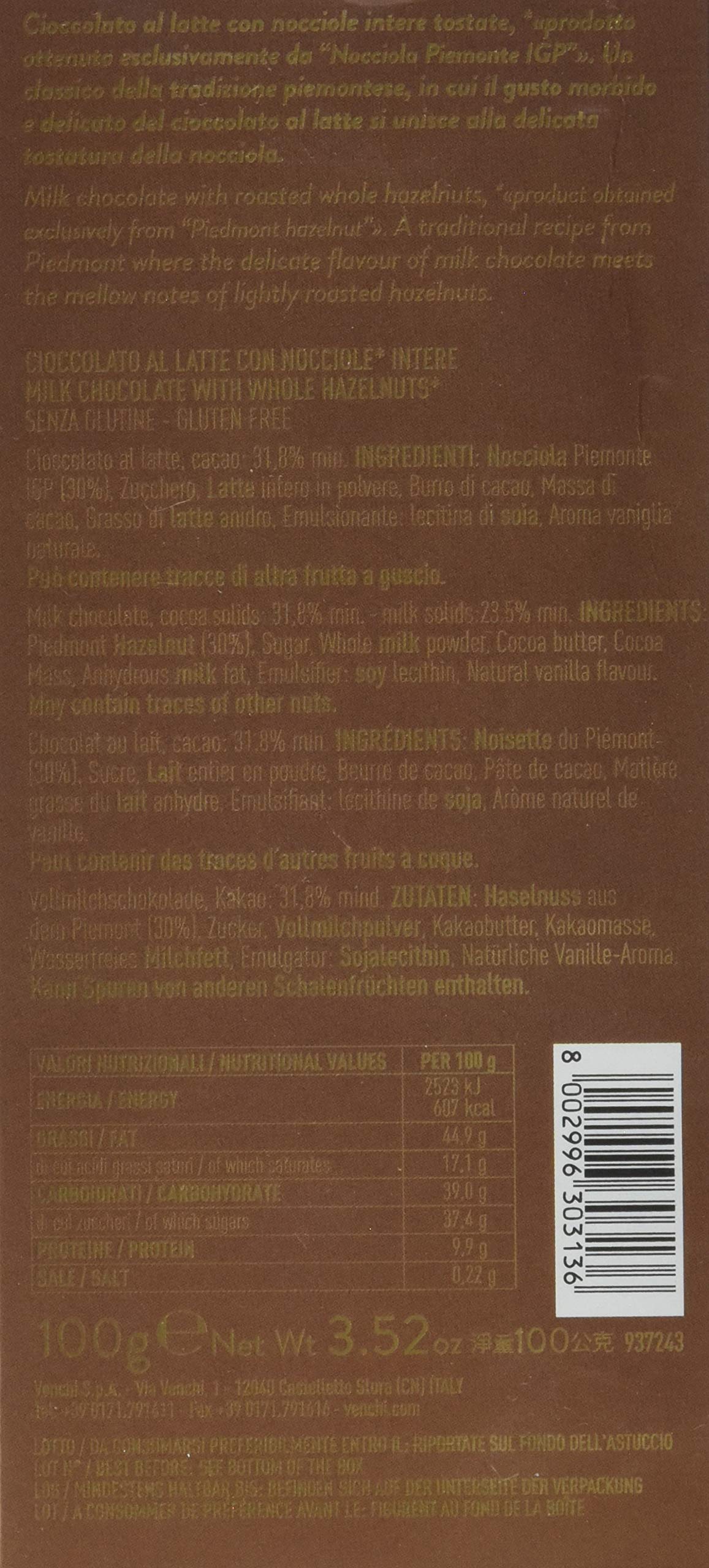 Venchi Nocciolata Milk Chocolate Hazelnut Bar 3.52oz