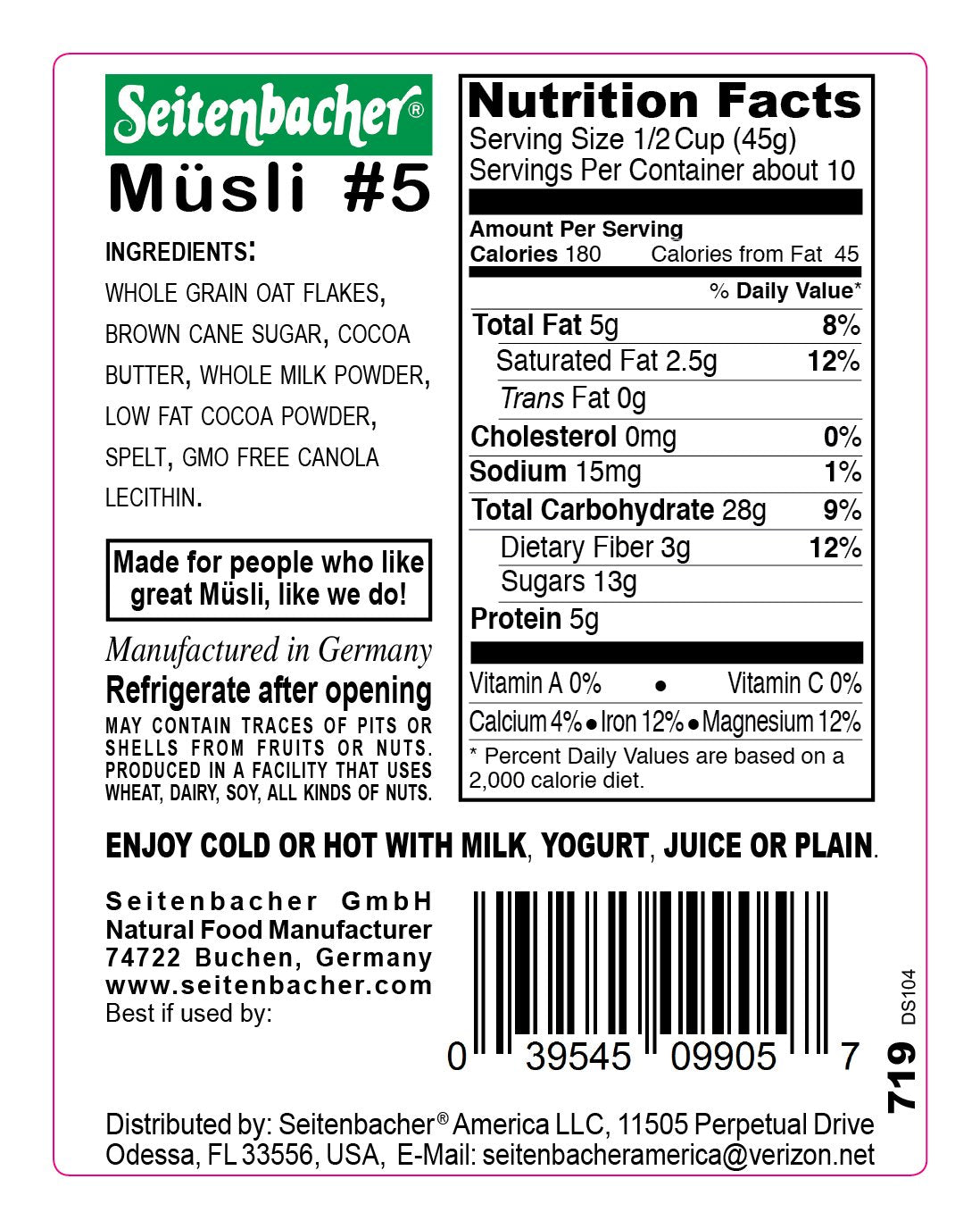 Seitenbacher Muesli #5 Choco Max Natural Cereal, 16 Ounce (Pack of 6)