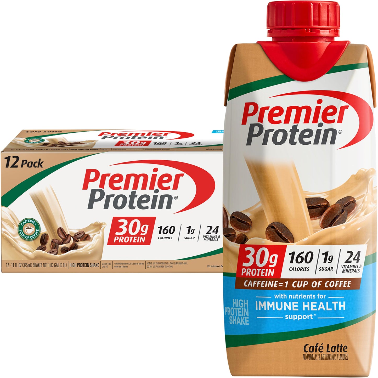 Premier Protein Cafe Latte Protein Shake, 30g Protein, 1g Sugar, 11 fl oz, Pack of 12