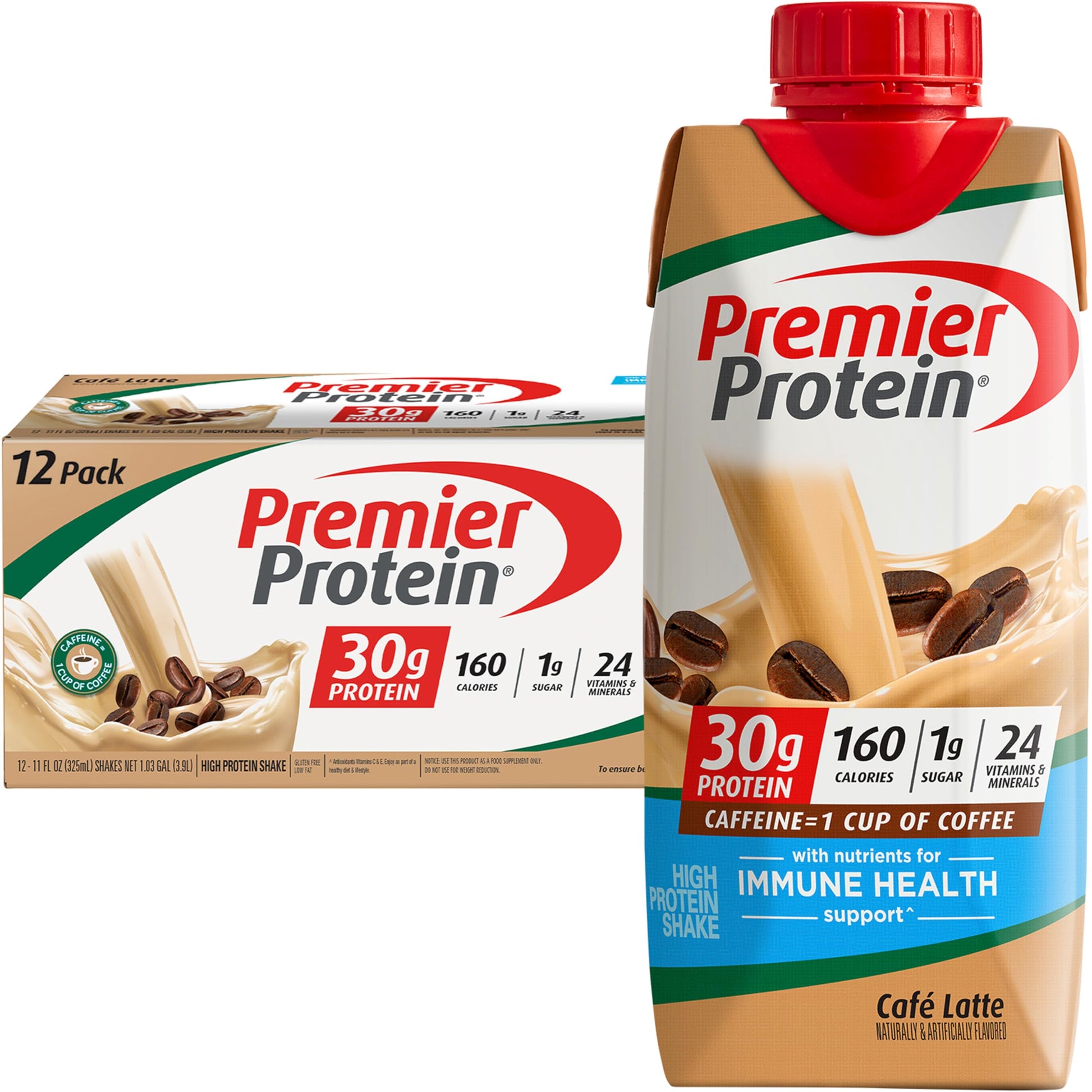 Premier Protein Cafe Latte Protein Shake, 30g Protein, 1g Sugar, 11 fl oz, Pack of 12