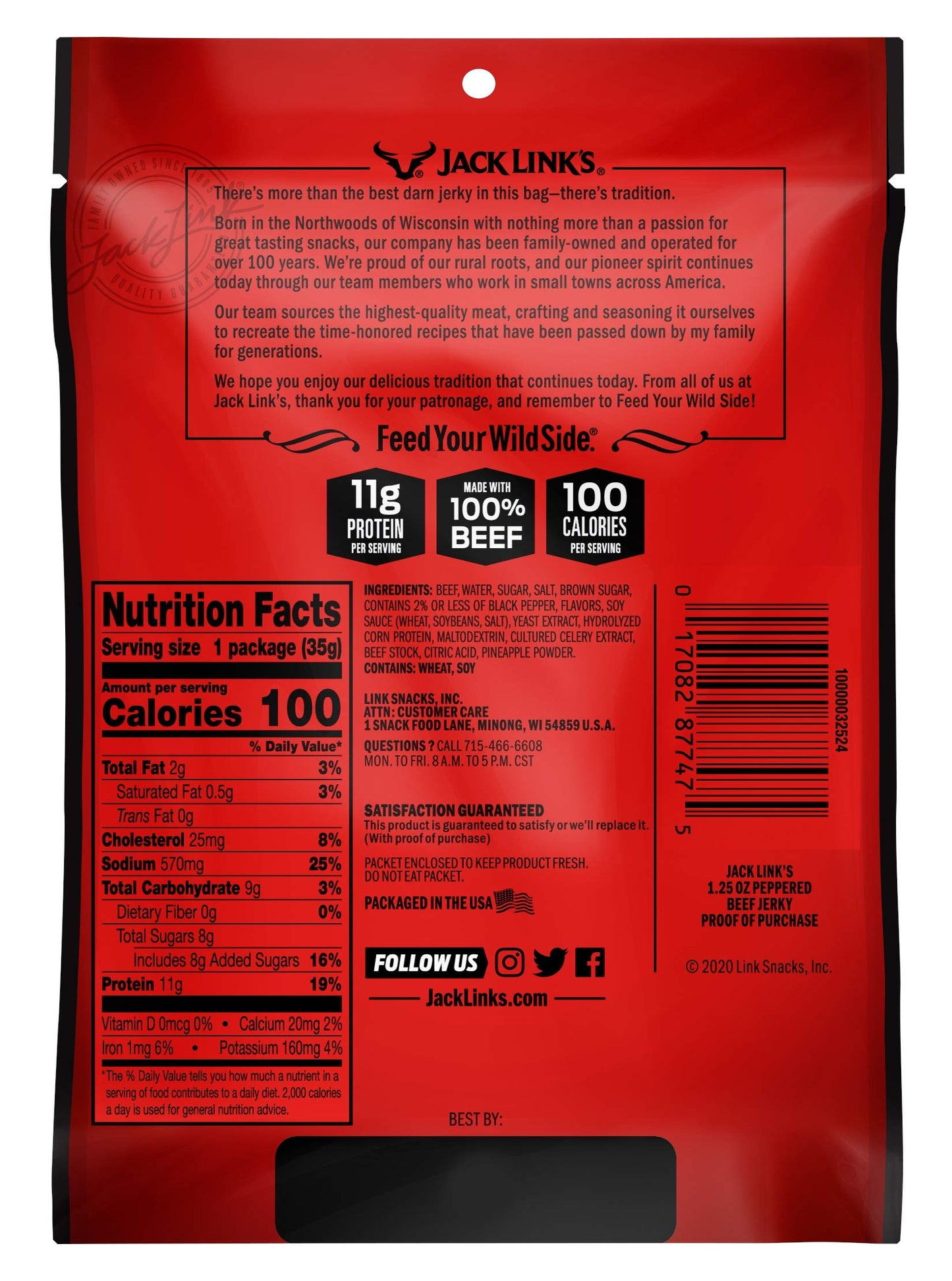 Jack Links Beef Jerky, Peppered, 11g Protein, 1.25oz Bags, Pack of 10, Pantry-Ready Snacks