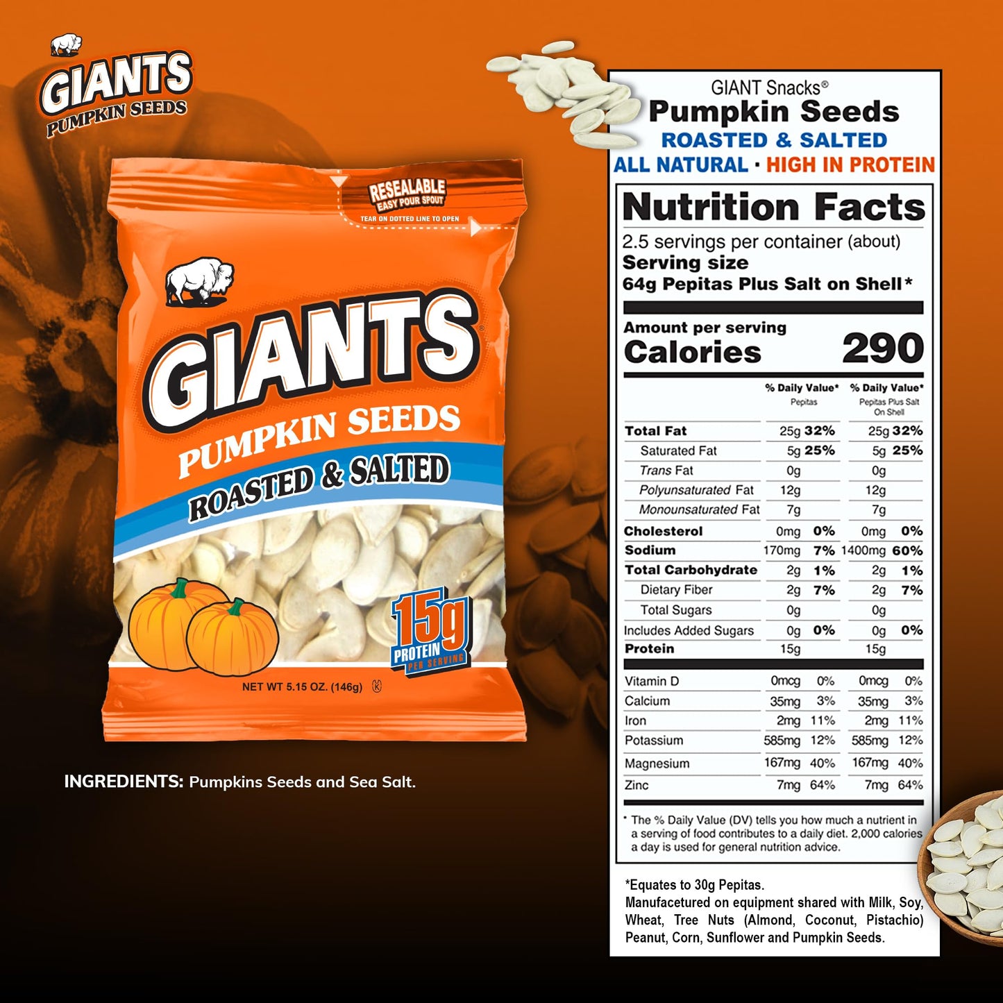 Giants Pumpkin Seeds - Pumpkin Seeds In Shell, Pumpkin Seeds To Eat, Roasted And Salted, Whole Pumpkin Seeds With Shell, High Pr