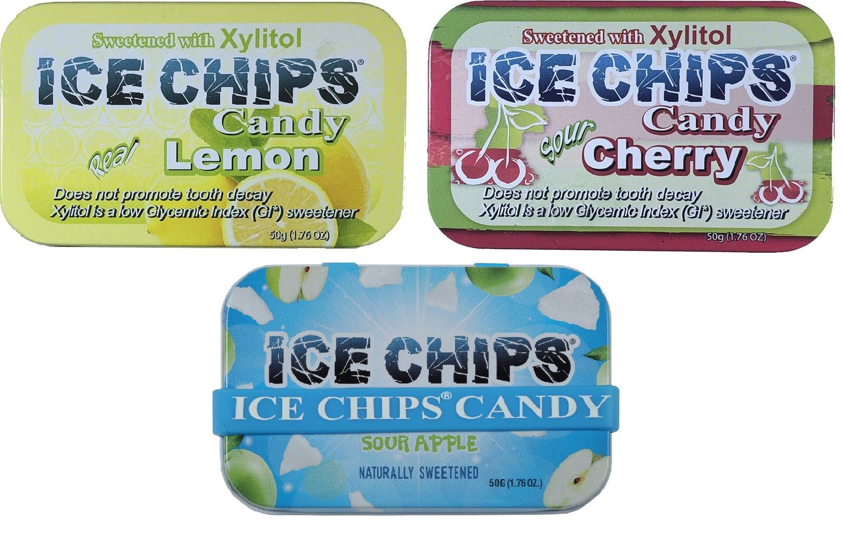ICE CHIPS Xylitol Candy 3 Pack Assortment (Sour Apple, Sour Cherry, Lemon) 5.28 OZ