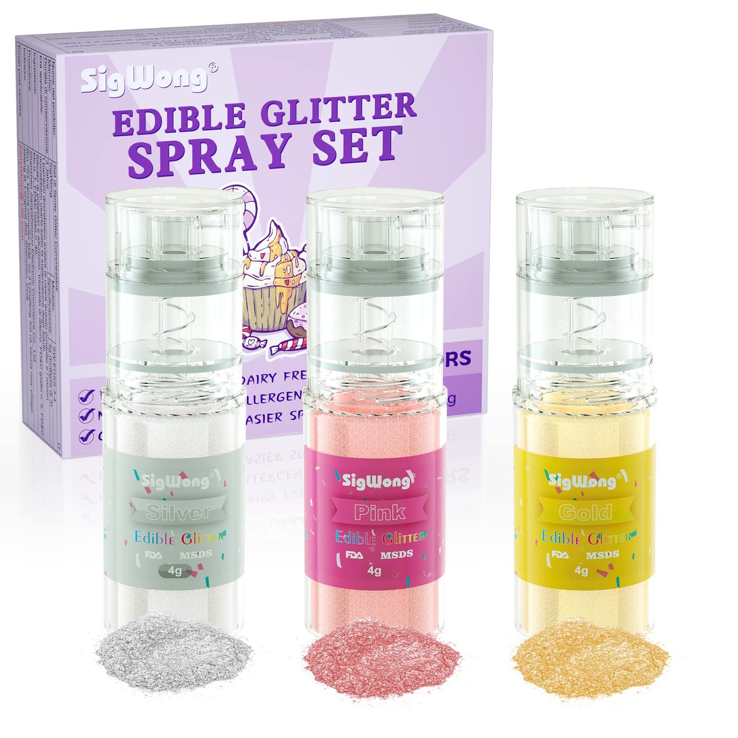 Edible Glitter Spray Set - 100% Edible Glitter for Cakes, Cupcakes, Cake Pops, Drinks, Chocolate, Strawberries, Cookies, Food Gr