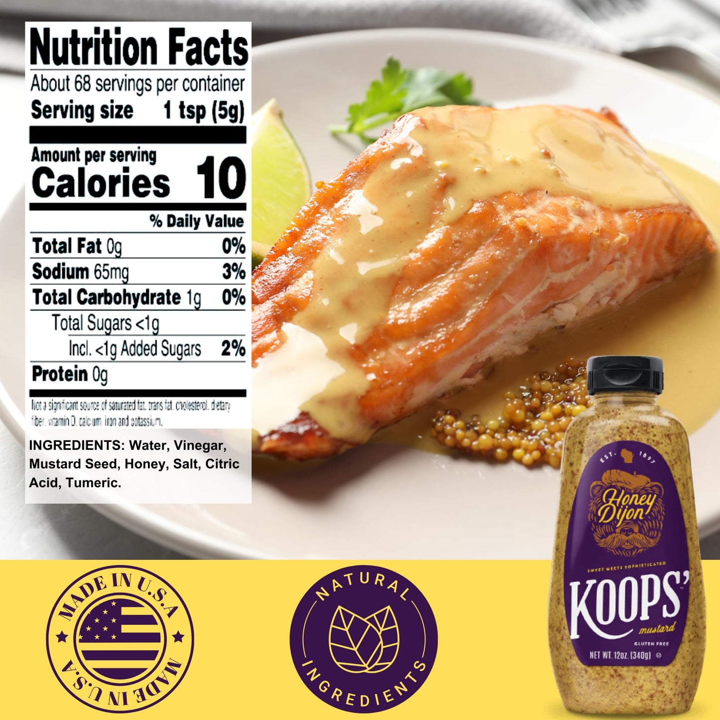 Koops  Honey Dijon Mustard - Gourmet Mustard, Gluten-Free, Kosher, Made in USA, From Quality Mustard Seeds, Honey Mustard Sauce
