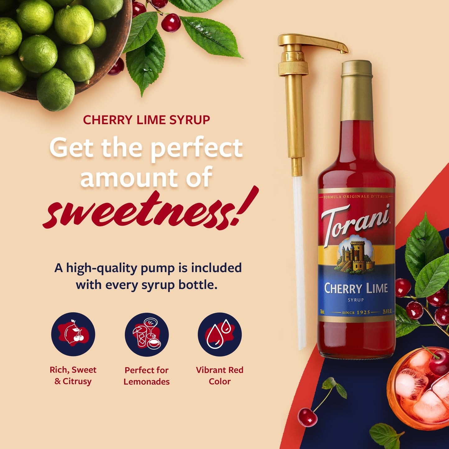 Torani Cherry Lime Syrup For Drinks, Flavoring For Iced Tea, Lemonade, Sodas, And Cocktails, Glass Bottle With Pump Included, 25