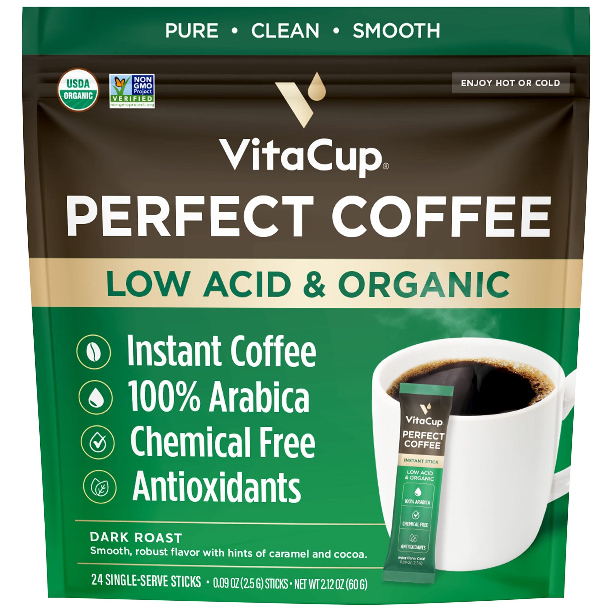 Vitacup Perfect Low Acid Instant Coffee Packets, Dark Roast Coffee, Usda Organic & Fair Trade, Third Party Tested For Mycotoxins & Pesticides, Single Origin, Clean & Pure, 24 Ct