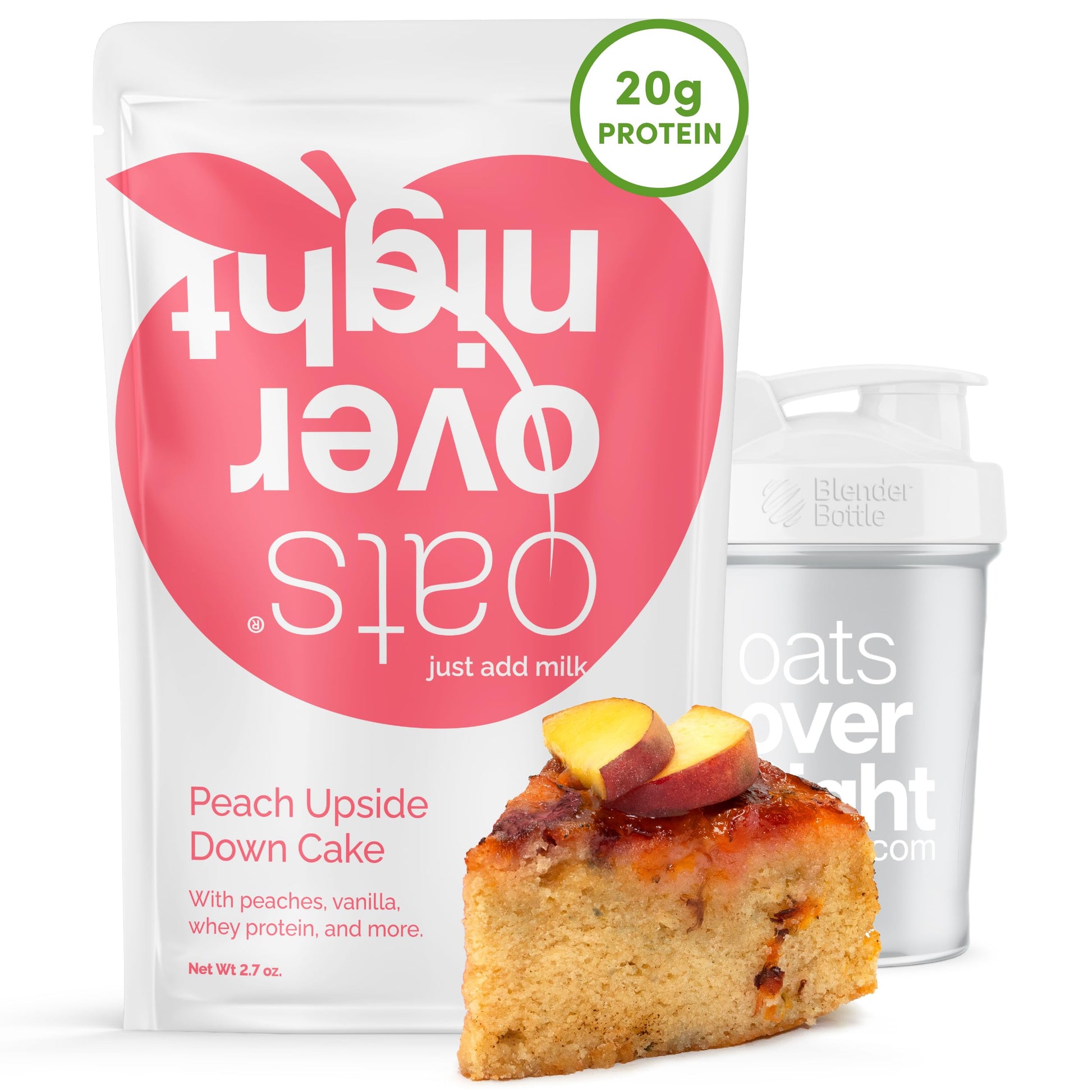 Oats Overnight Peach Upside Down Cake Breakfast Shake - 20g Protein, Gluten Free, 2.7 oz (8 Pack + BlenderBottle)