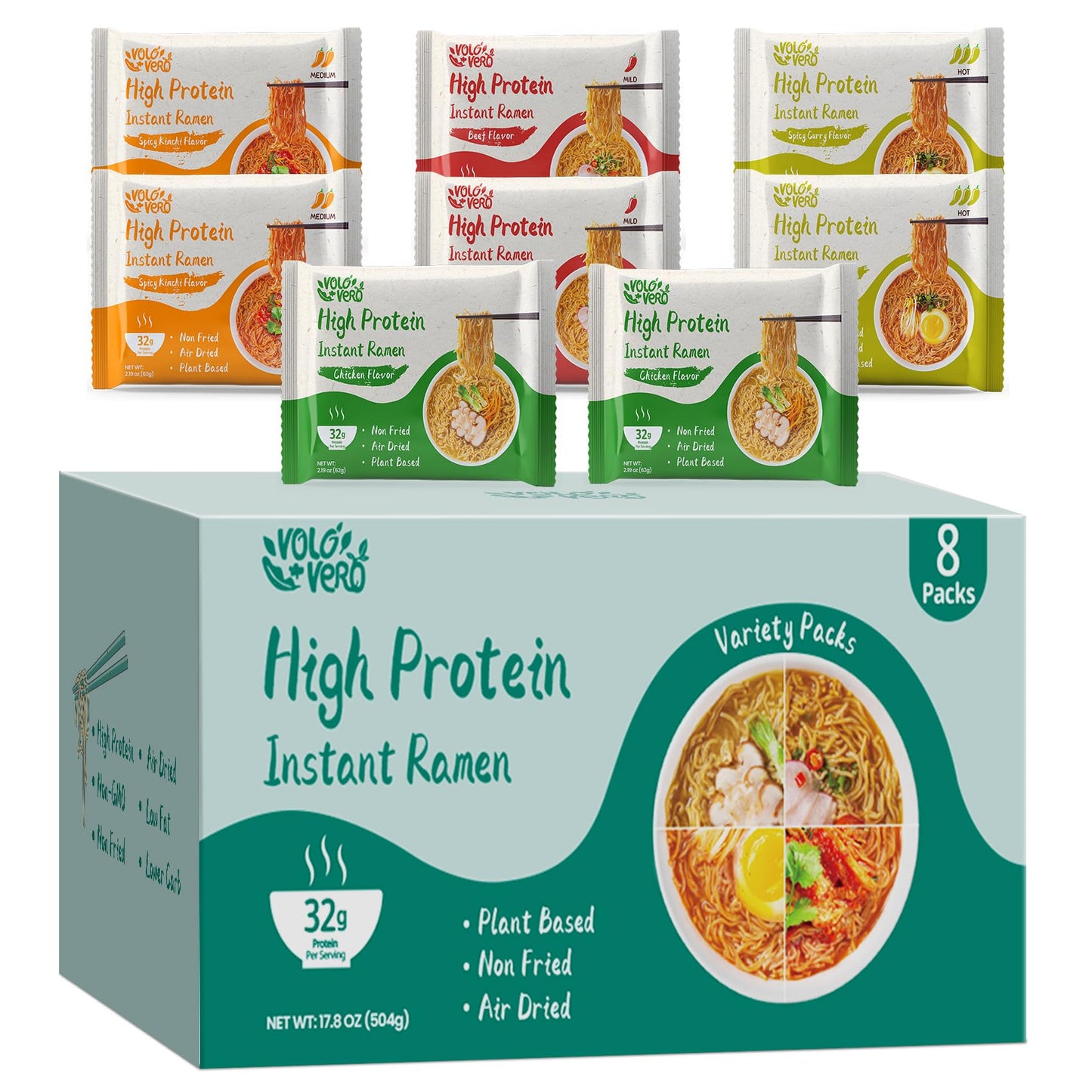 VOLO VERO Protein (32g) Ramen Variety Pack - Chicken  Spicy Beef  Kimchi  Curry   8 Packs Instant High Protein Ramen Noodles Soup  Plant-Based  Non-Fried  Vegan  Low Fat  Egg & Dairy Free Healthy Meal