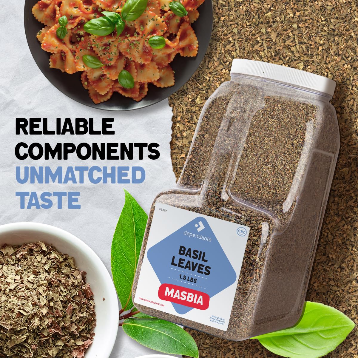 Dependable Food Basil Leaves -1.5 Lb. Jar- Bulk, Kosher, Dried Basil Seasoning for Pasta Sauces, Pesto, Salads, Garnishes & More