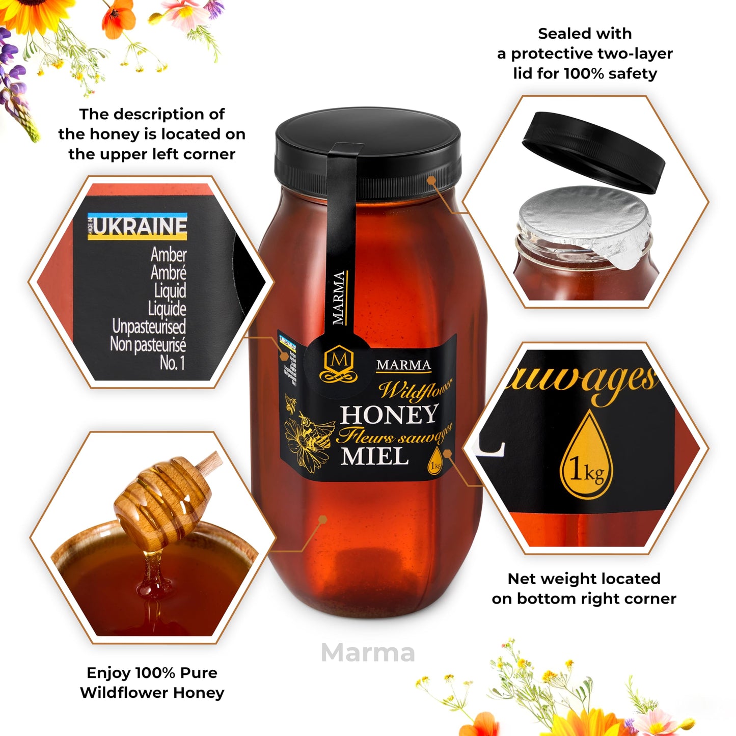 HONIGMA Marma Wildflower Honey | 100% Pure & Unpasteurized | 1000g/35.2oz | Pack of 2
