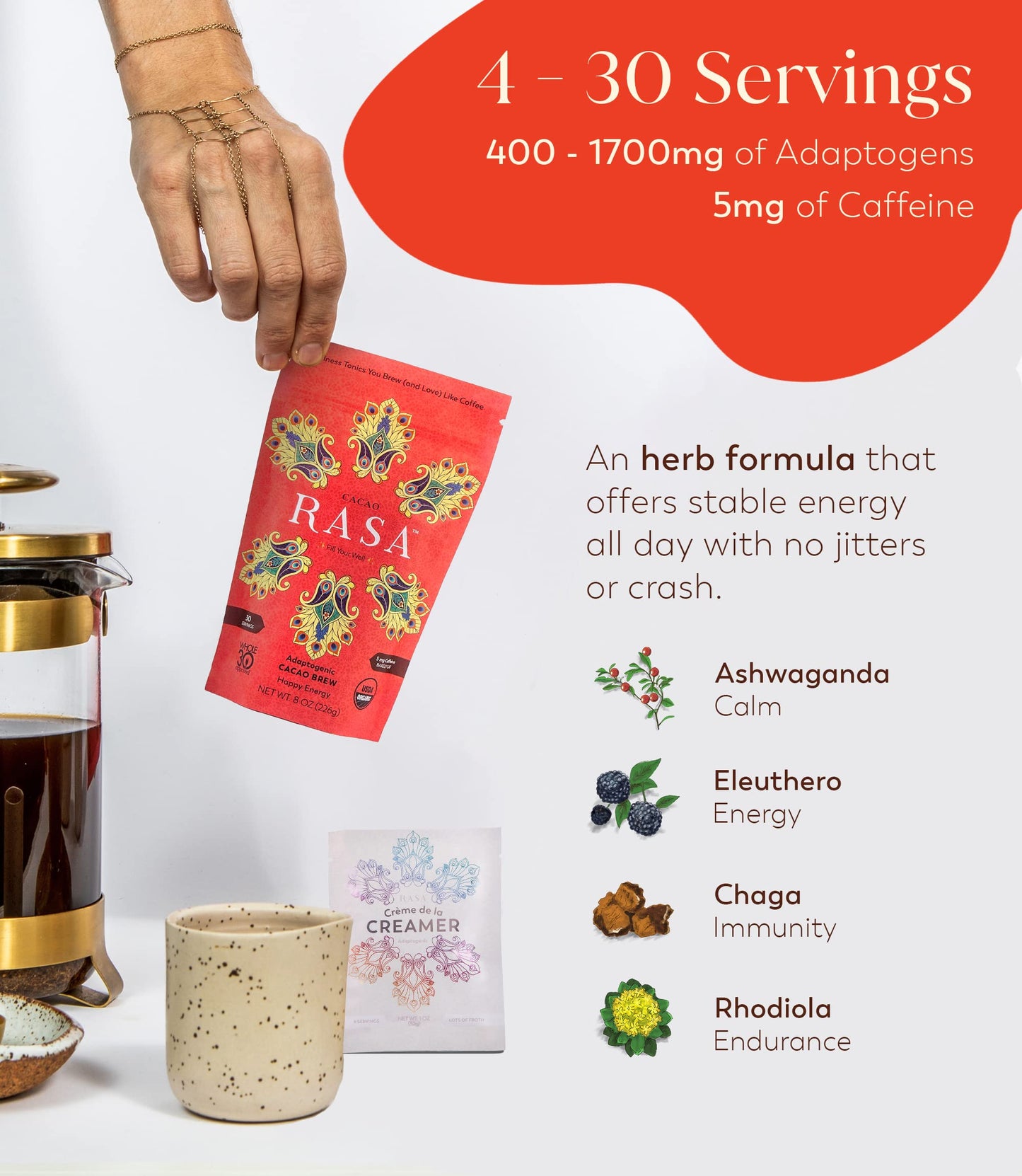 Rasa Cacao Adaptogenic Coffee Alternative & Non-Dairy Creamer Bundle - Vegan, Whole 30, Keto, 30 Servings