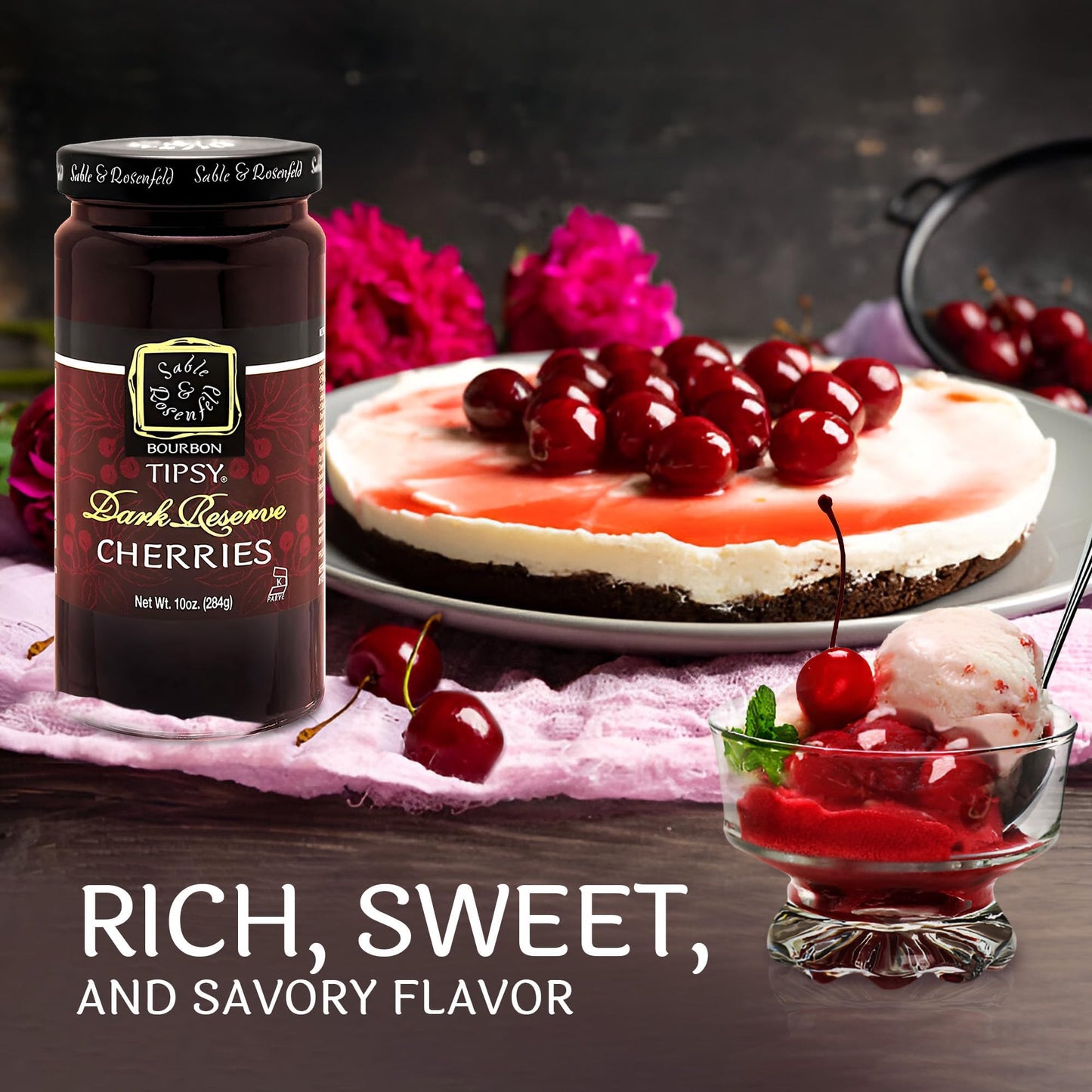 Sable & Rosenfeld Spirit-Inspired Flavor Tipsy Dark Reserve Cocktail Cherries, Kosher, 10 Ounces (Pack Of 6)