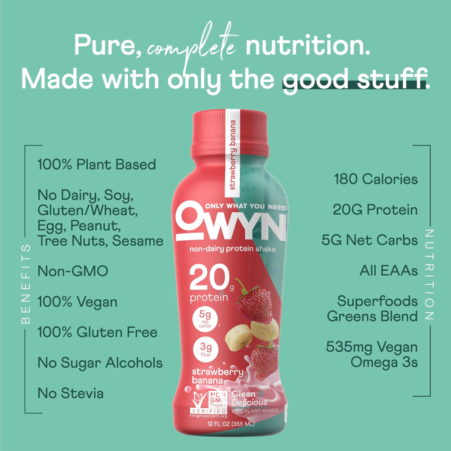 OWYN Vegan Protein Shake, Strawberry Banana, 12 Fl Oz (Pack of 12), 100% Plant-Based, Dairy-Free, Gluten-Free, Kosher