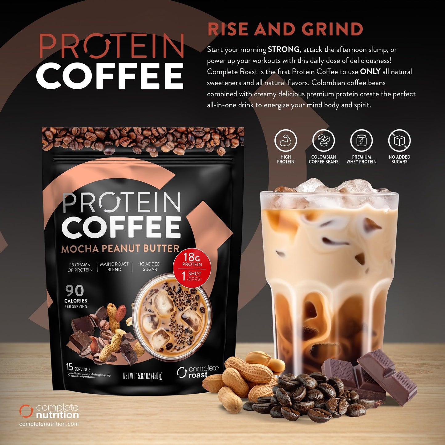 Complete Nutrition High Protein Roast Mocha Peanut Butter, Keto Friendly, 15 g Protein, 15 Servings