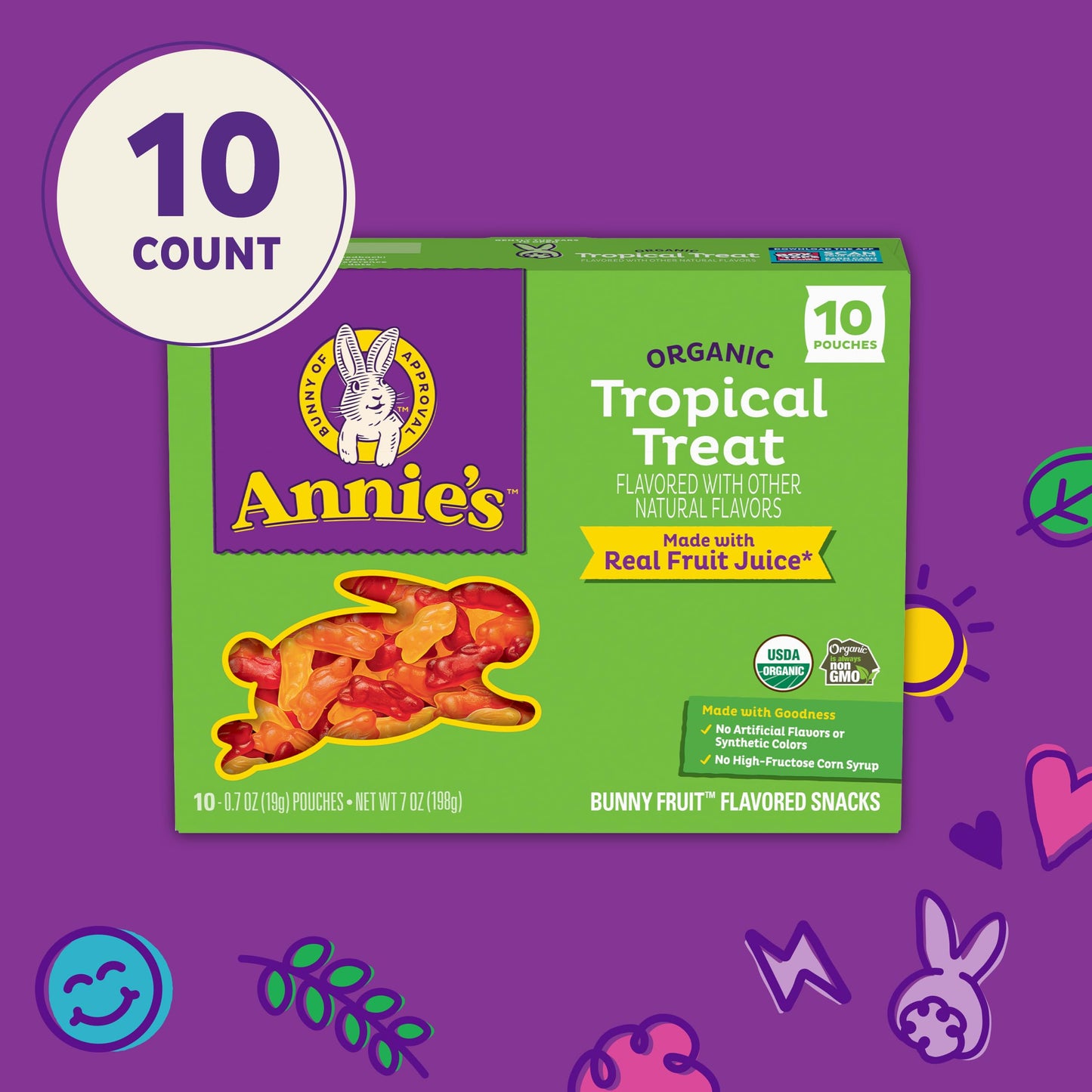 Annies Organic Bunny Fruit Flavored Snacks, Tropical Treat, Gluten Free, 10 Pouches, 7 oz