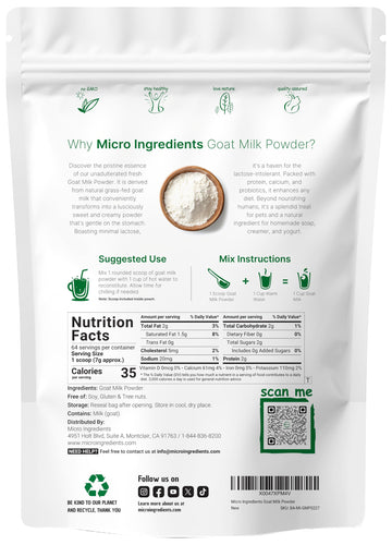 Micro Ingredients Goat Milk Powder  1 Lb | Grass-Fed Australian Source | Pure  Easily Digested Formula | High in Protein  Calcium & Probiotics | Non-GMO  Gluten-Free  Pet Friendly