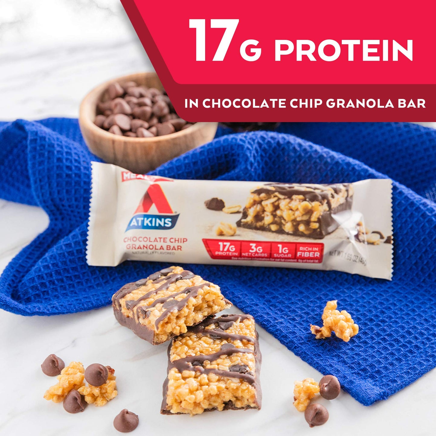 Atkins Chocolate Chip Granola Protein Meal Bar, High Fiber, 17g Protein, 1g Sugar, 3g Net Carbs, Meal Replacement, Keto Friendly