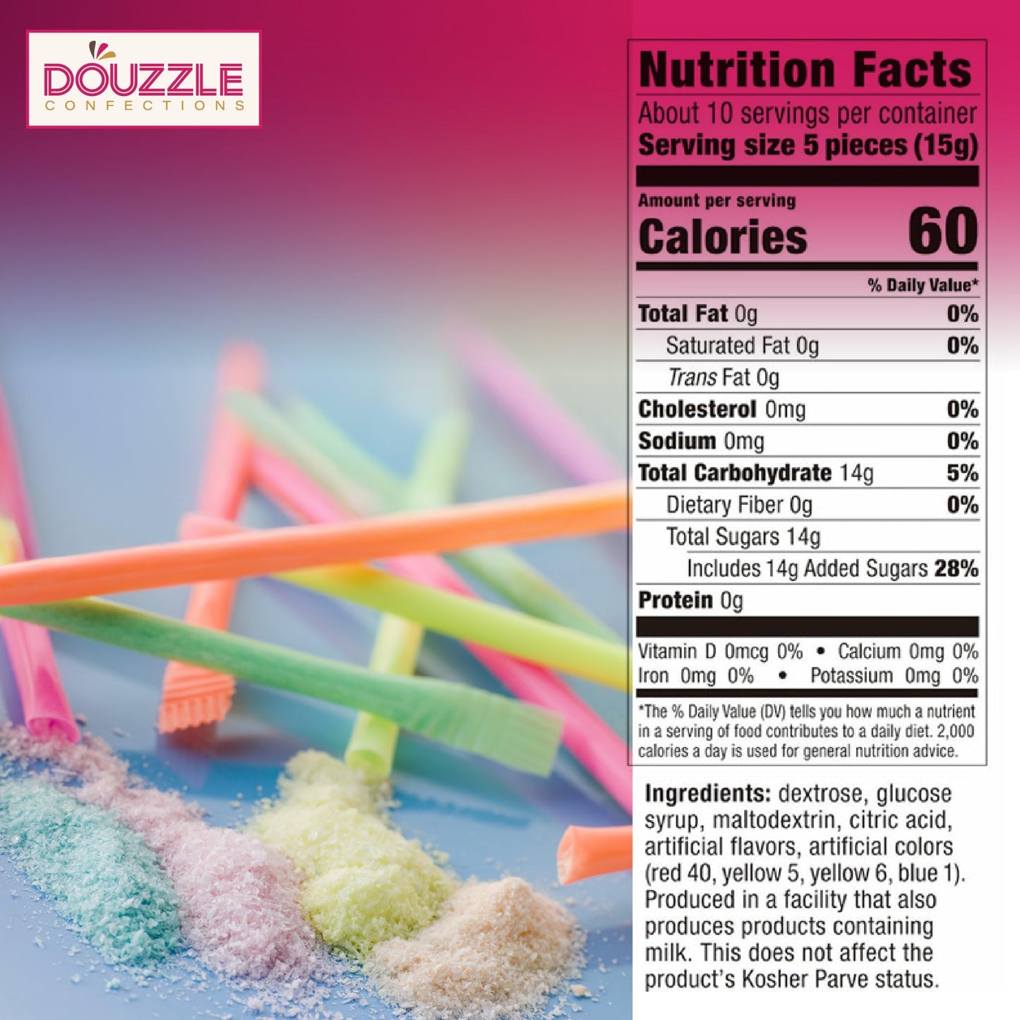 DOUzzle Back To School Candy Powder Sour Fizzy Straws (50 Count - 1 Pack) Individually Wrapped, Party Favor, Goodie Bag & Pinata