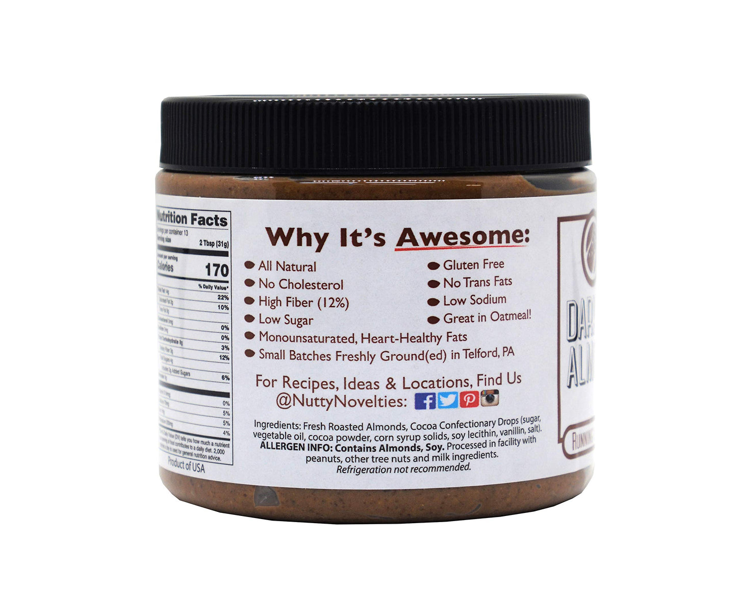 Nutty Novelties Dark Chocolate Almond Butter - High Protein, Sweet Almond Butter - All-Natural, Dark Chocolate Almond Butter Fre