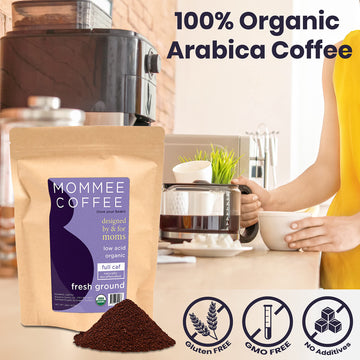 Mommee Coffee - Full Caf | Low Acid, Organic, Fair Trade, Water Processed | Ground, 22Oz.