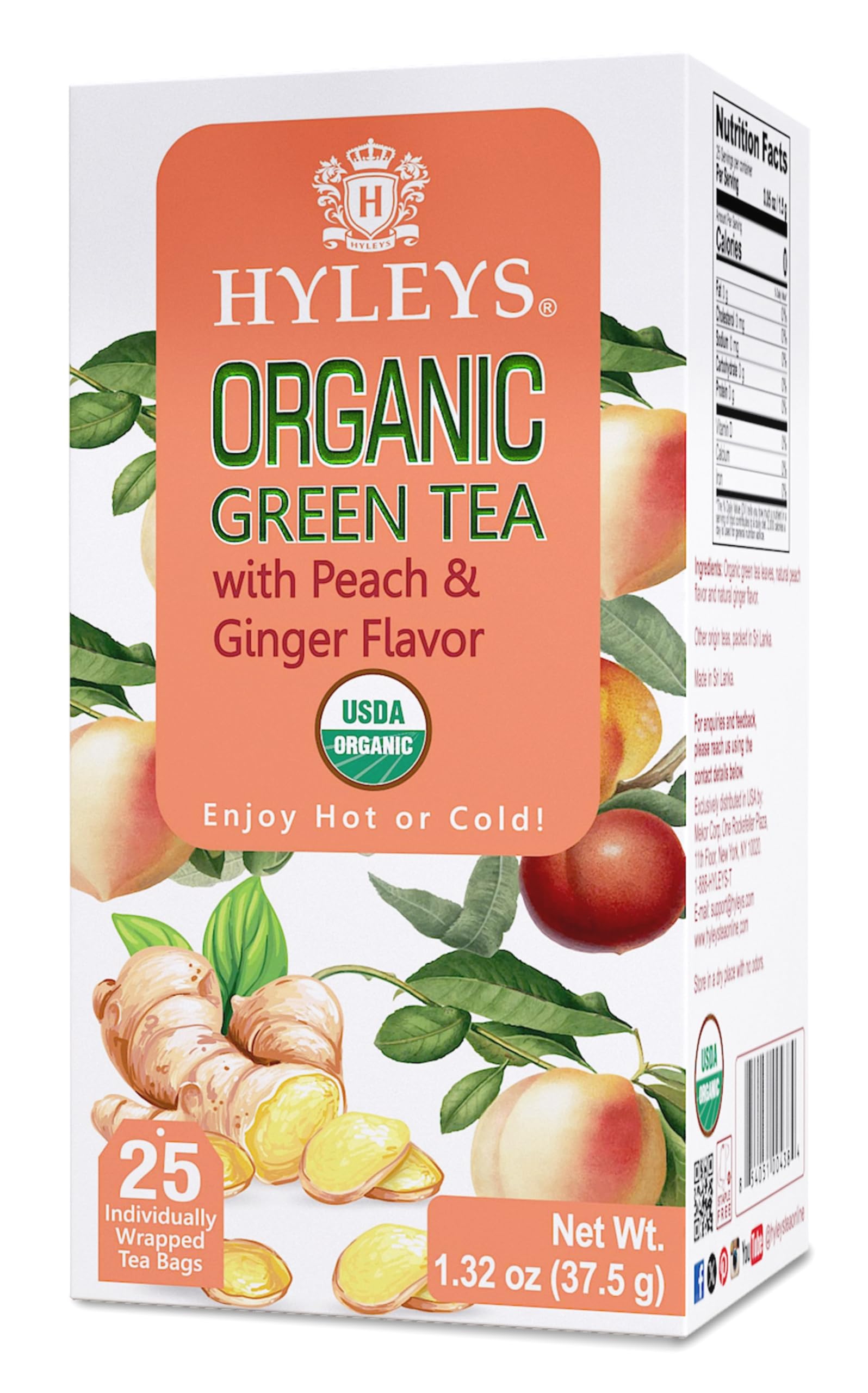 Hyleys Organic Green Tea Peach and Ginger Flavor - 25 Tea Bags