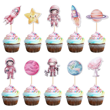 40 PCS Astronaut Cupcake Toppers - Space Girl, Star, Rocket, Planet, Earth, Cake Decorations for Space Theme Gender Reveal Baby 